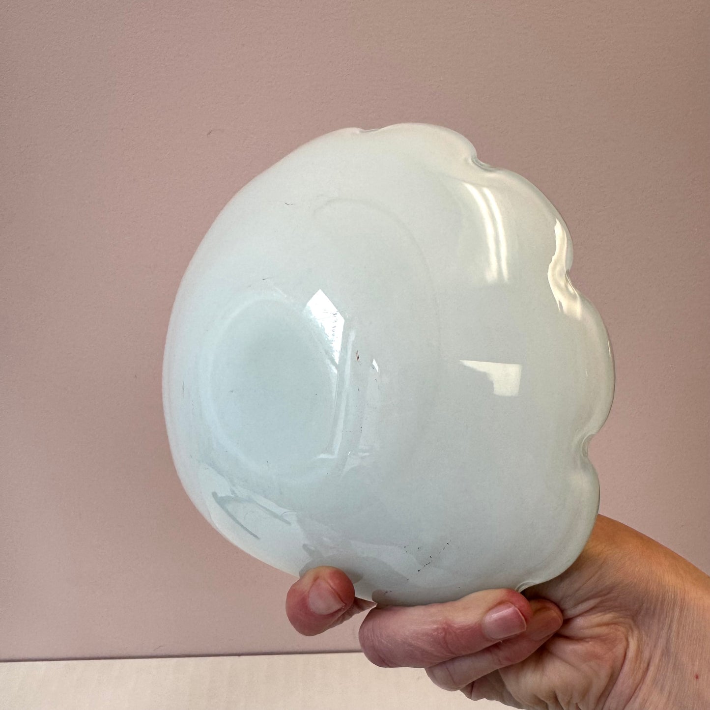 Vintage White and Green Murano Glass Scallop Edged Bowl