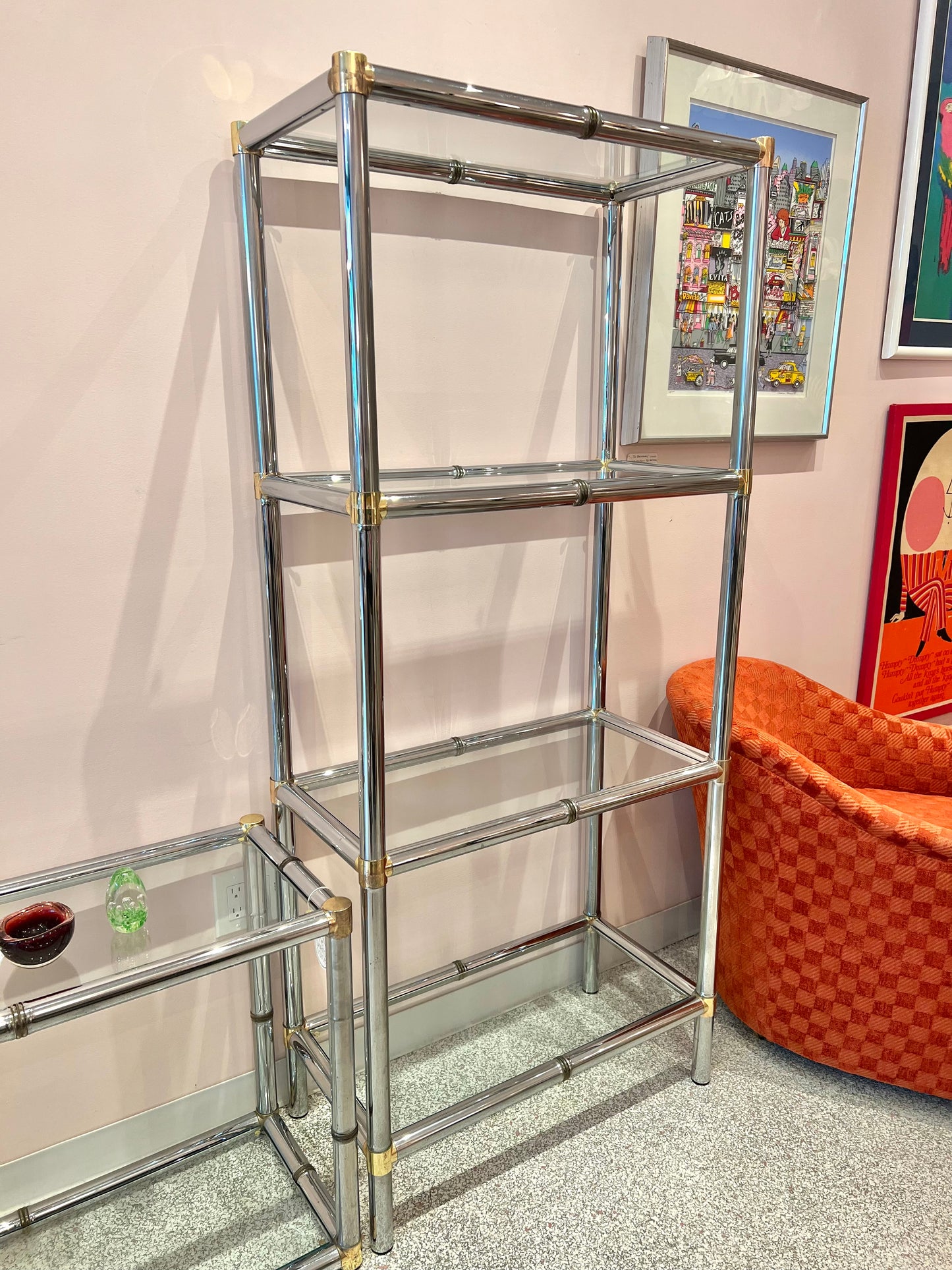 Vintage Chrome Etagere Shelf with Brass Bamboo Accents