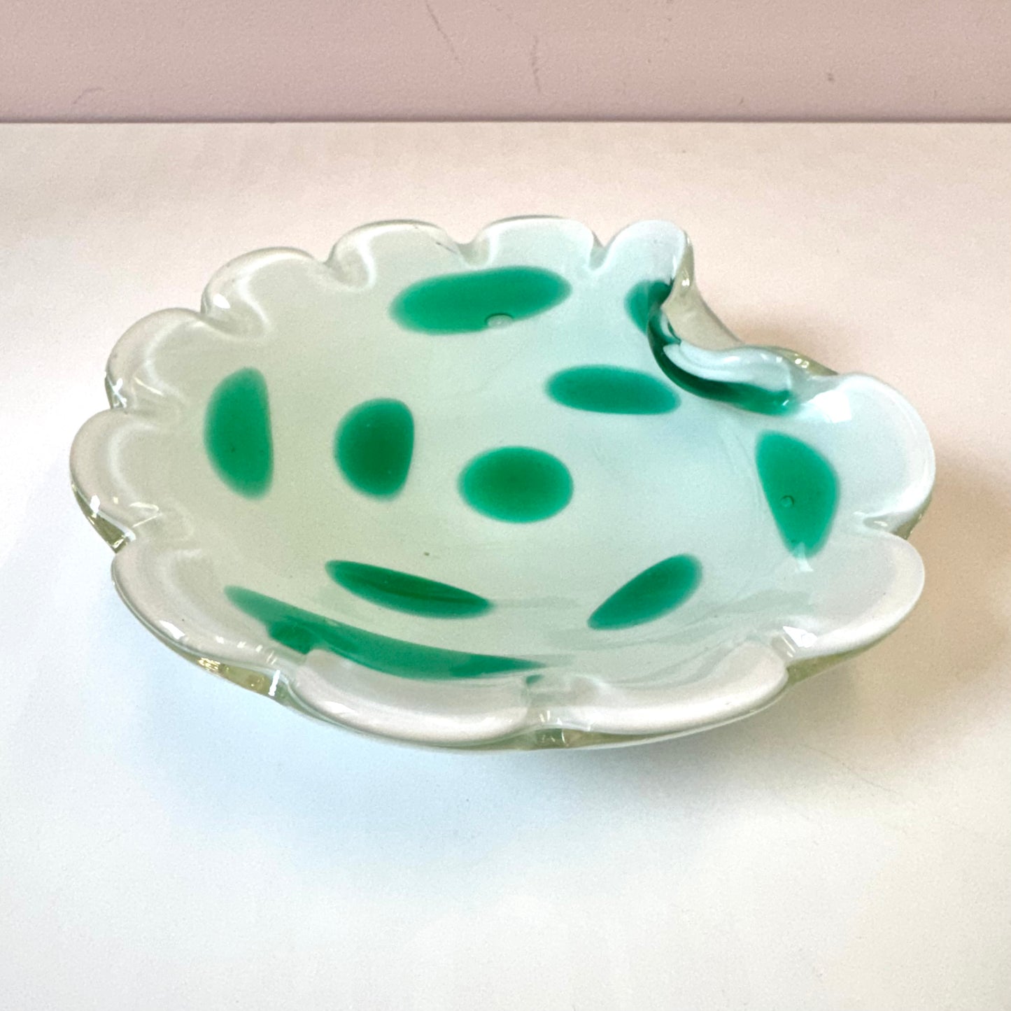 Vintage White and Green Murano Glass Scallop Edged Bowl