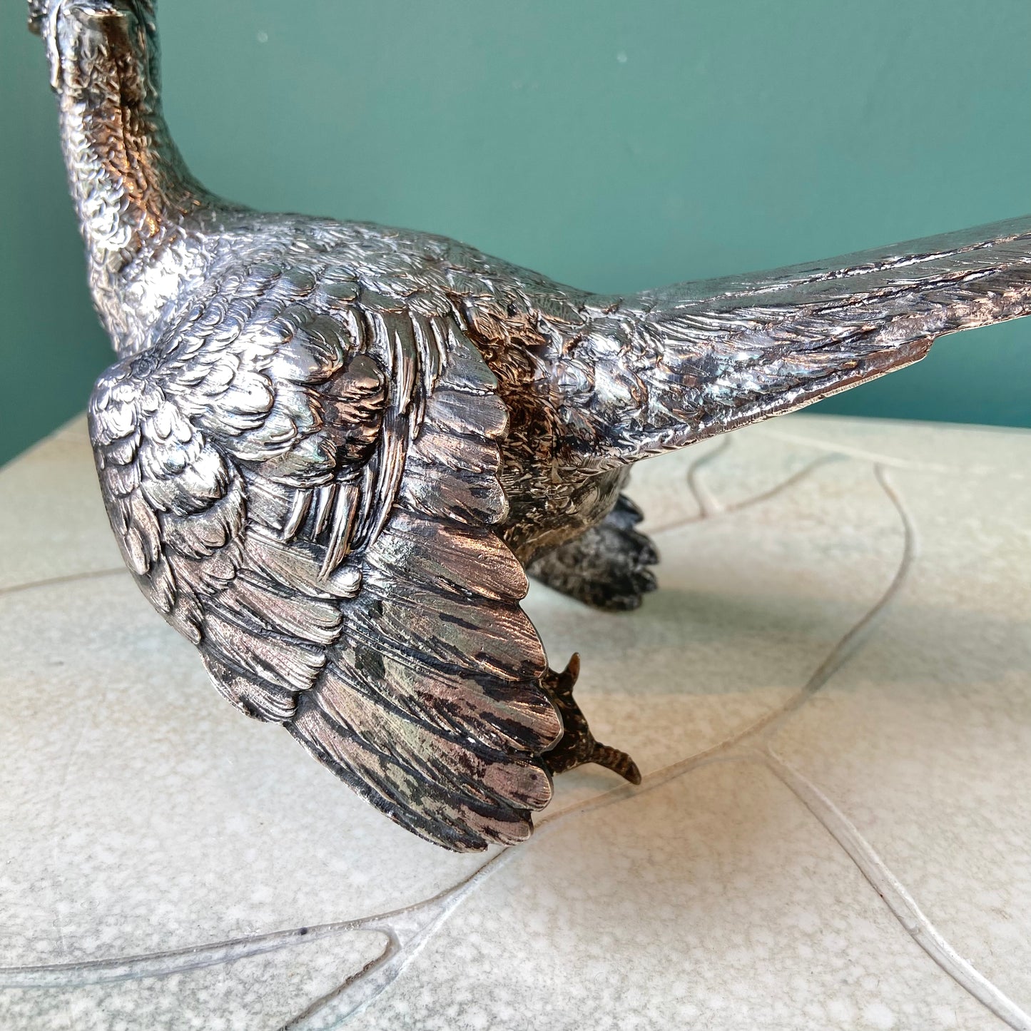 Pair of Antique Silver Plated Pheasant Bird Statues