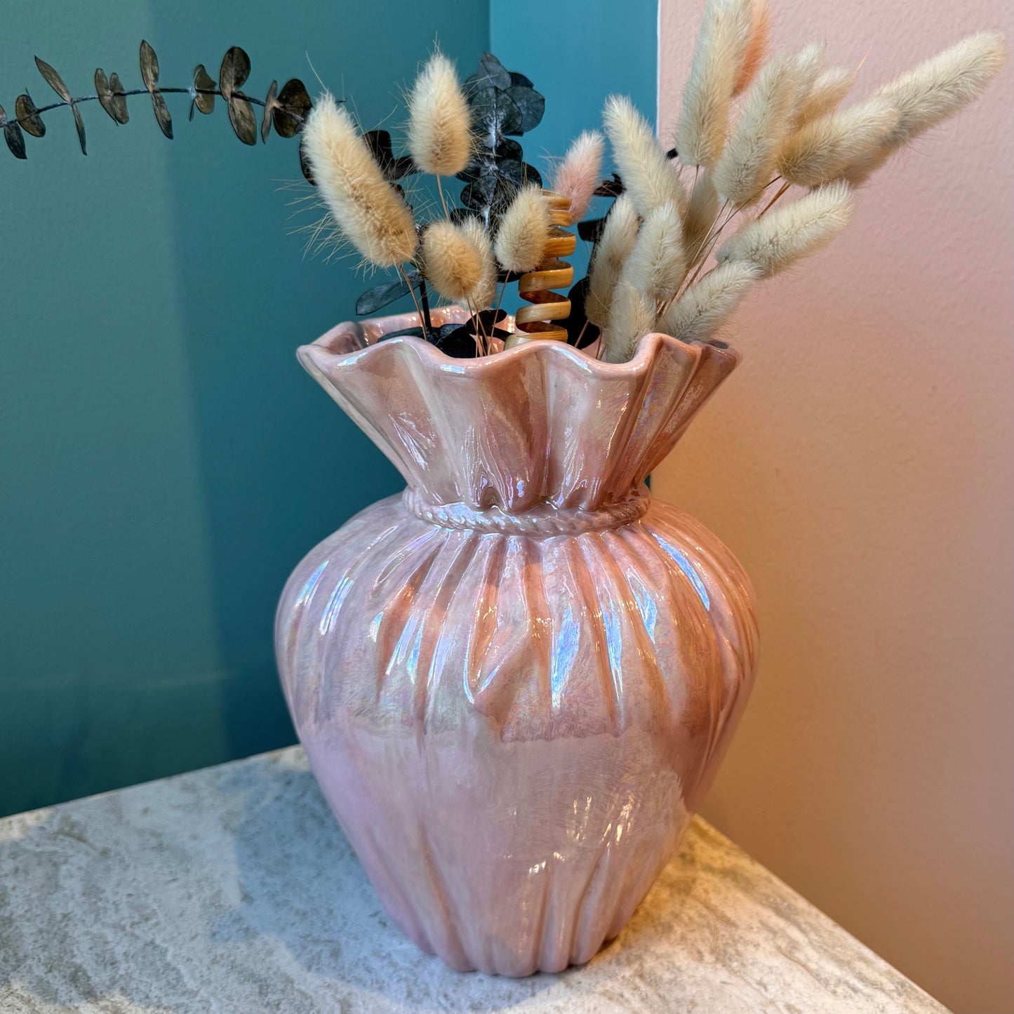 Vintage Opalescent Pink Ceramic "Paper Bag" Vase
