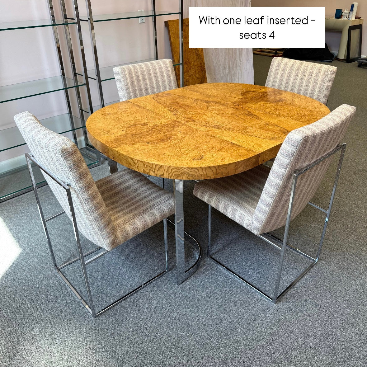 Vintage Milo Baughman Style Extendable Oval Burl and Chrome Dining Table