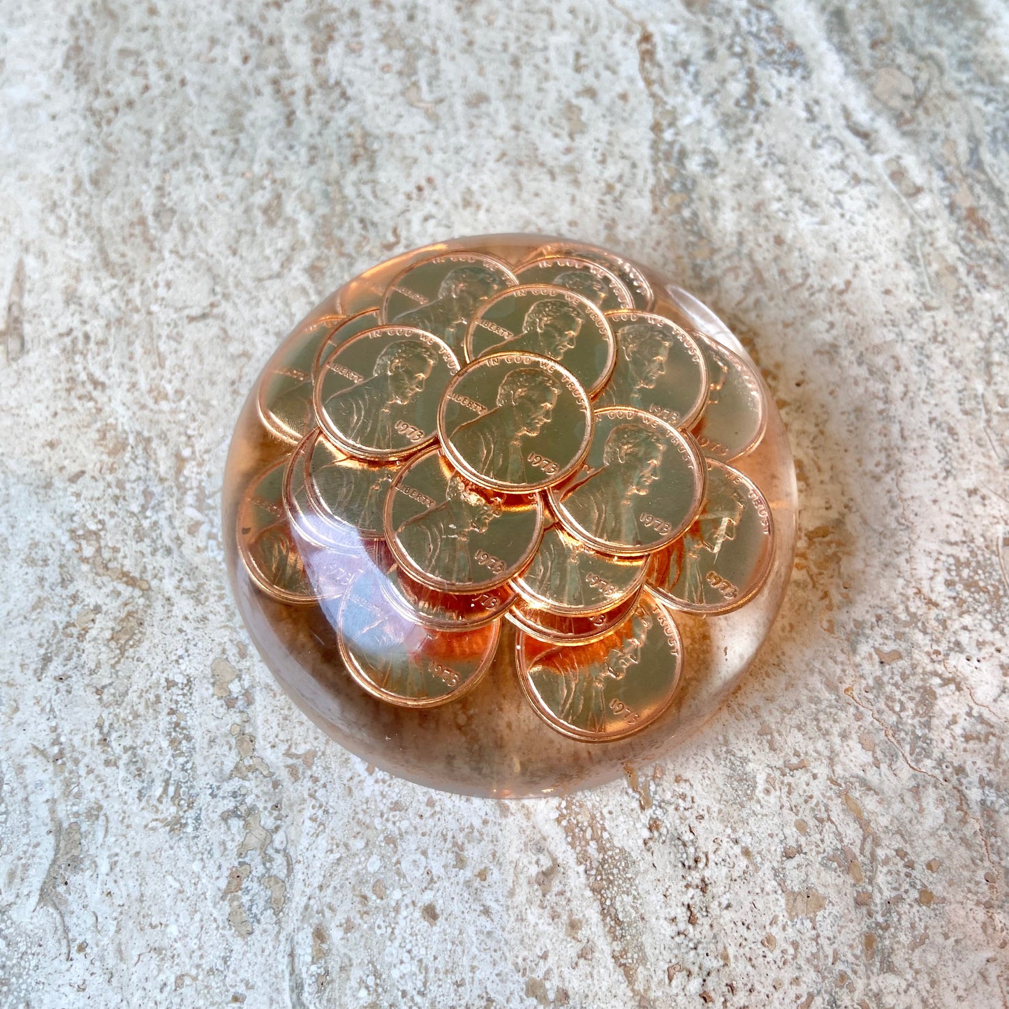 Vintage Lucite 1973 Penny Dome Paperweight