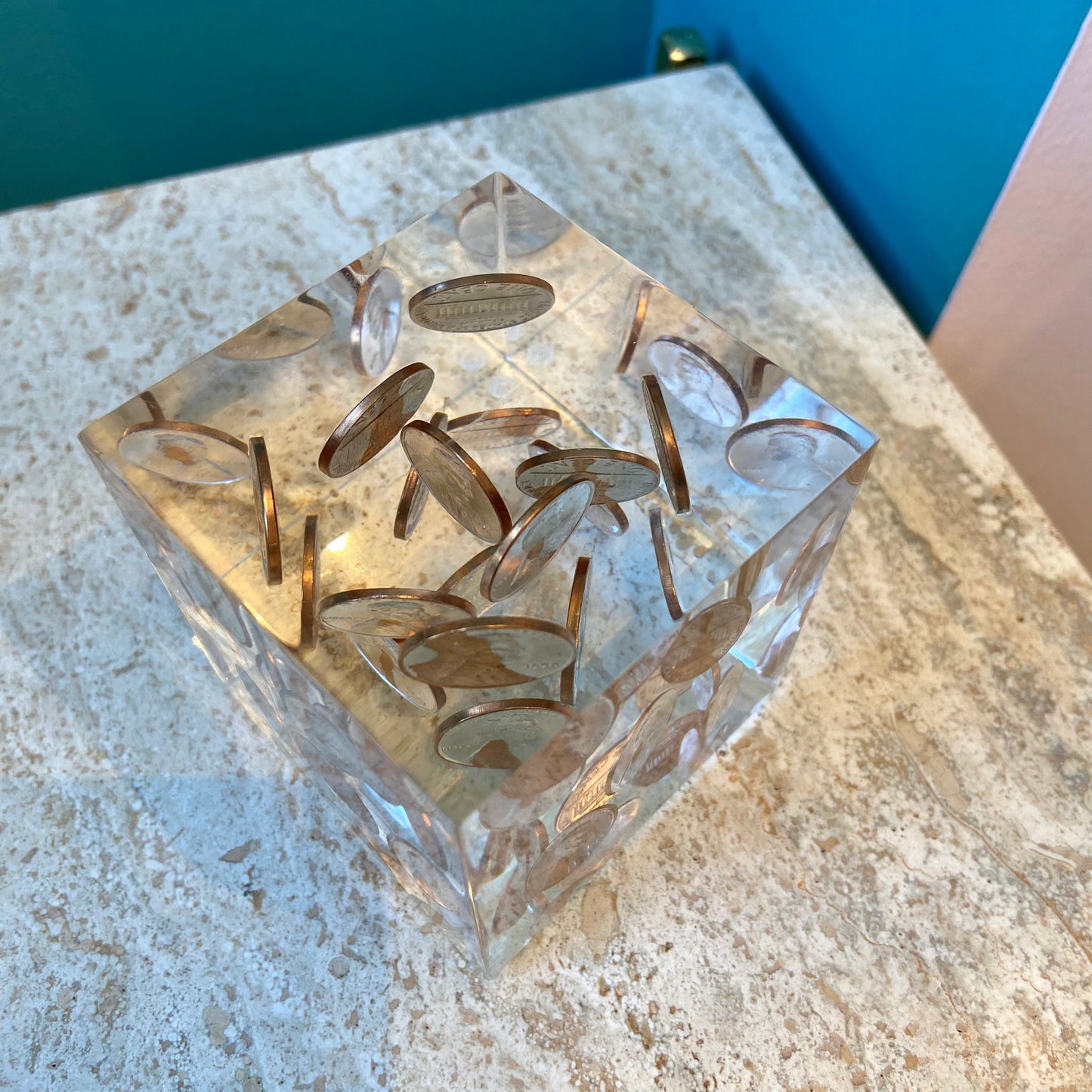 Vintage Lucite 1970 Penny Paperweight