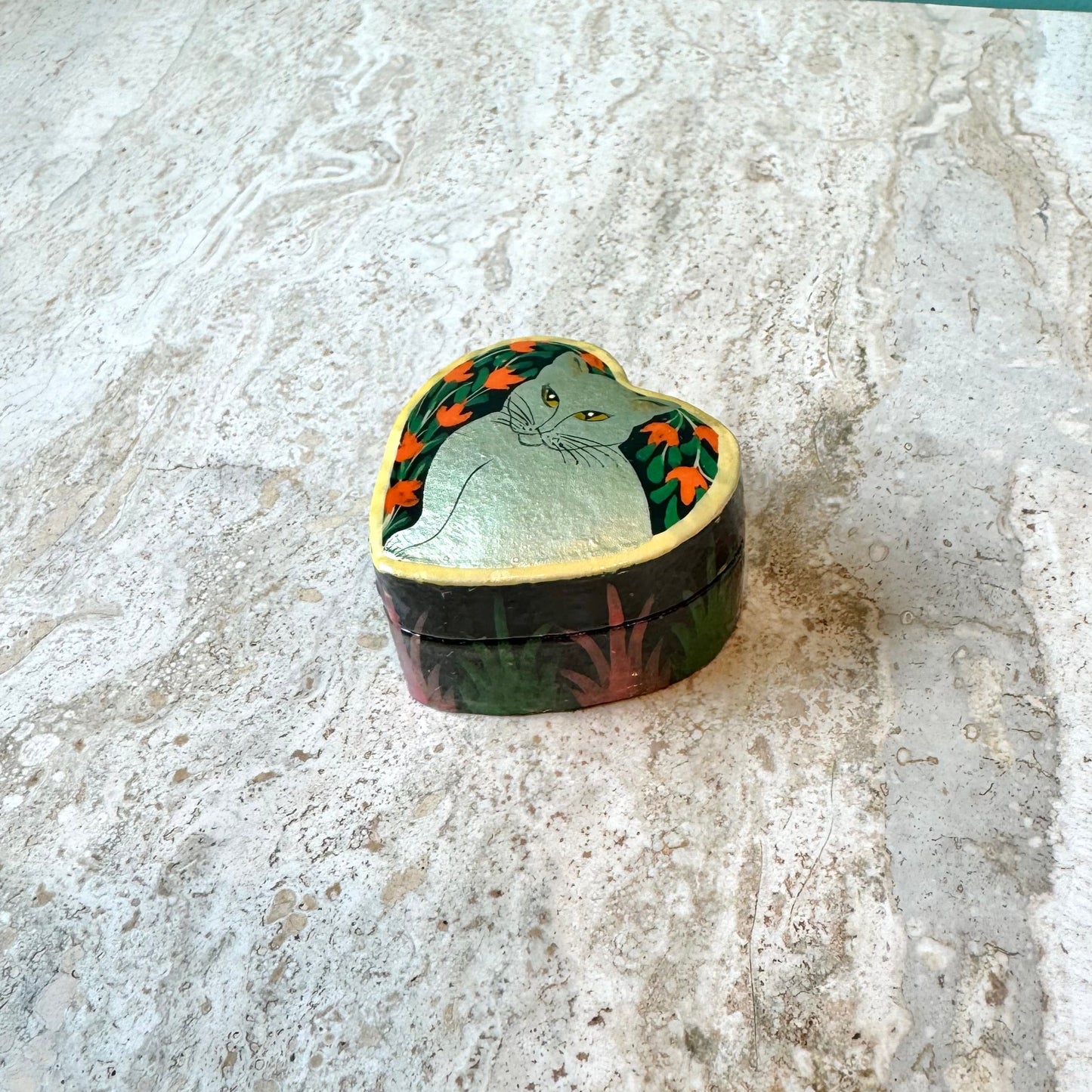 Vintage Hand Painted Cat Heart Box