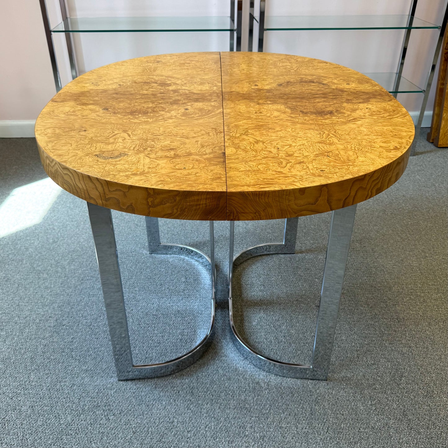Vintage Milo Baughman Style Extendable Oval Burl and Chrome Dining Table