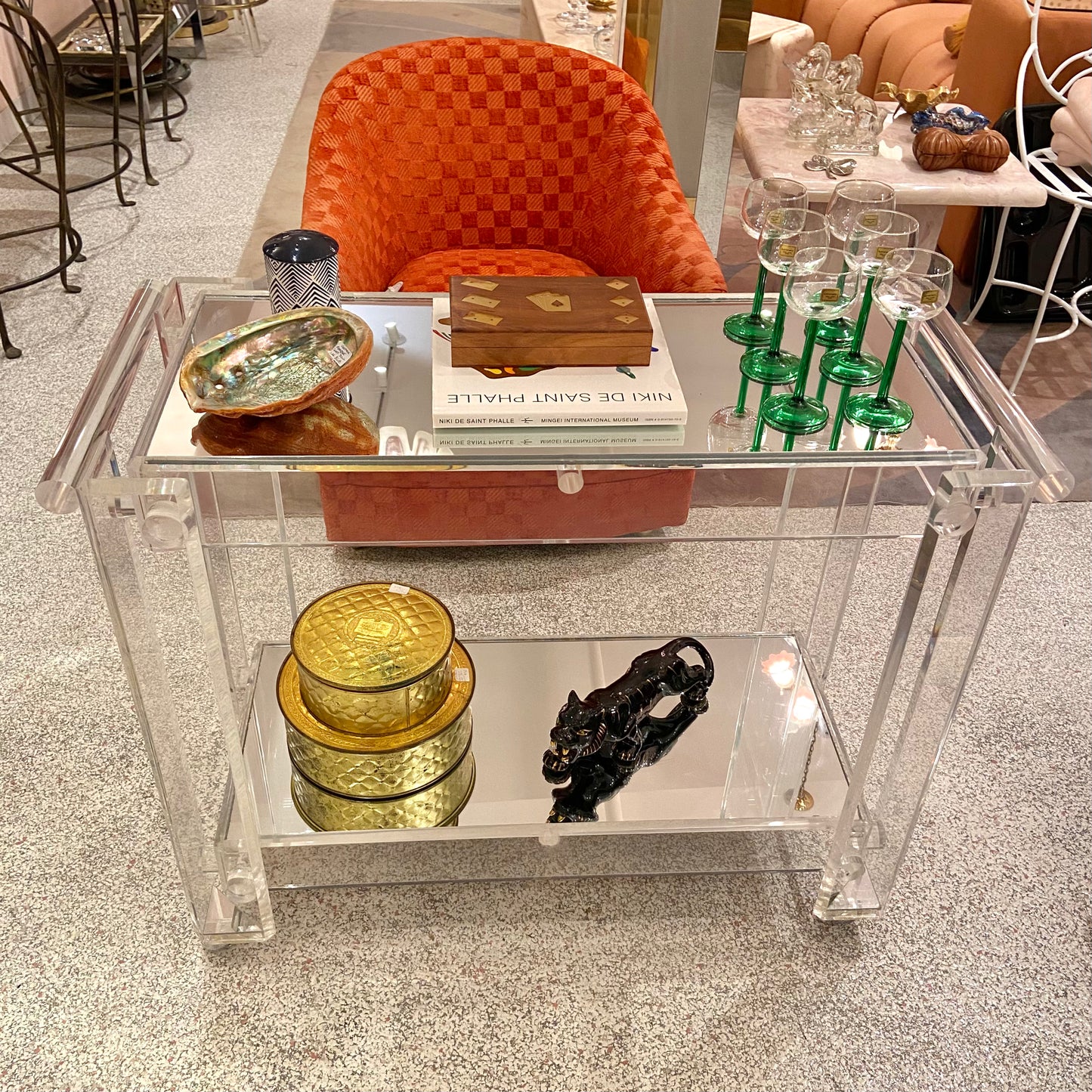 Charles Hollis Jones Style 1980’s Lucite and Mirror 2 Tier Rolling Bar Cart