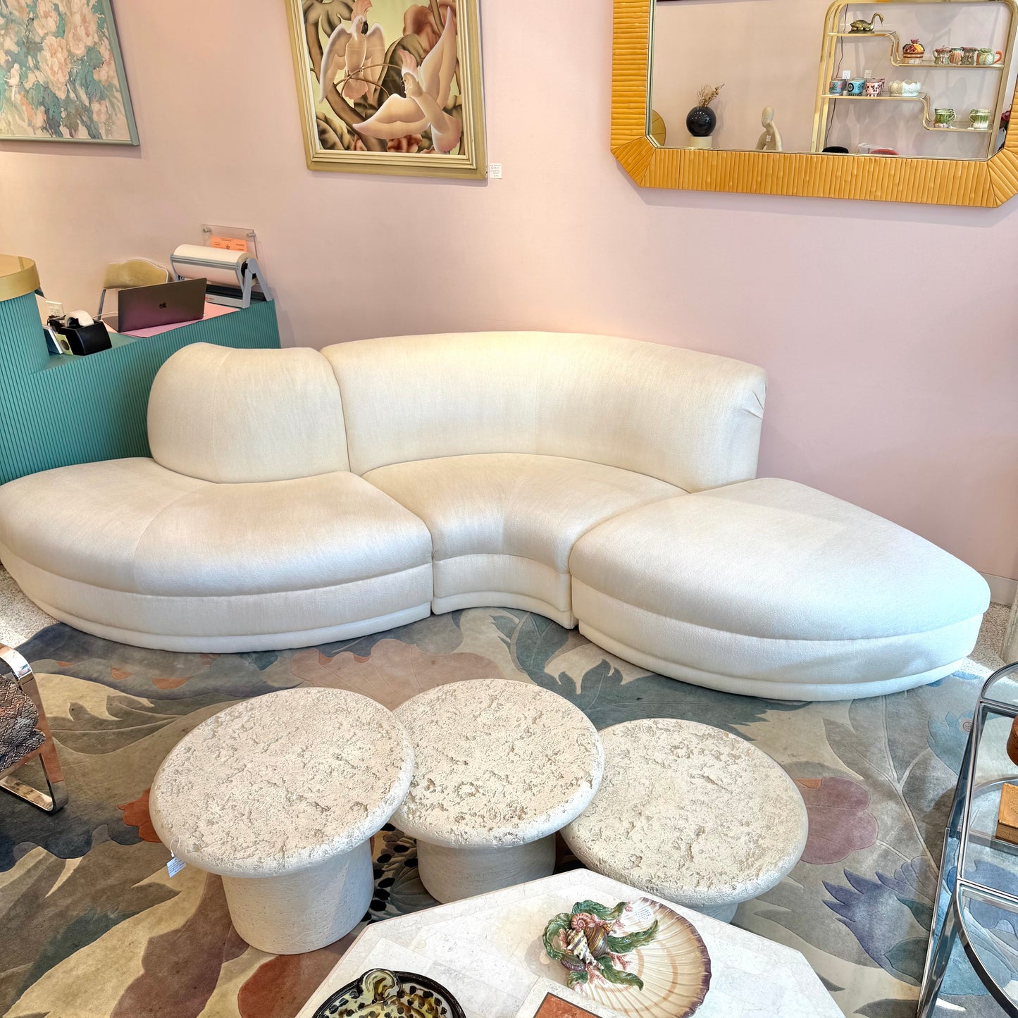 Vintage Three Piece Serpentine Ivory Sectional Sofa