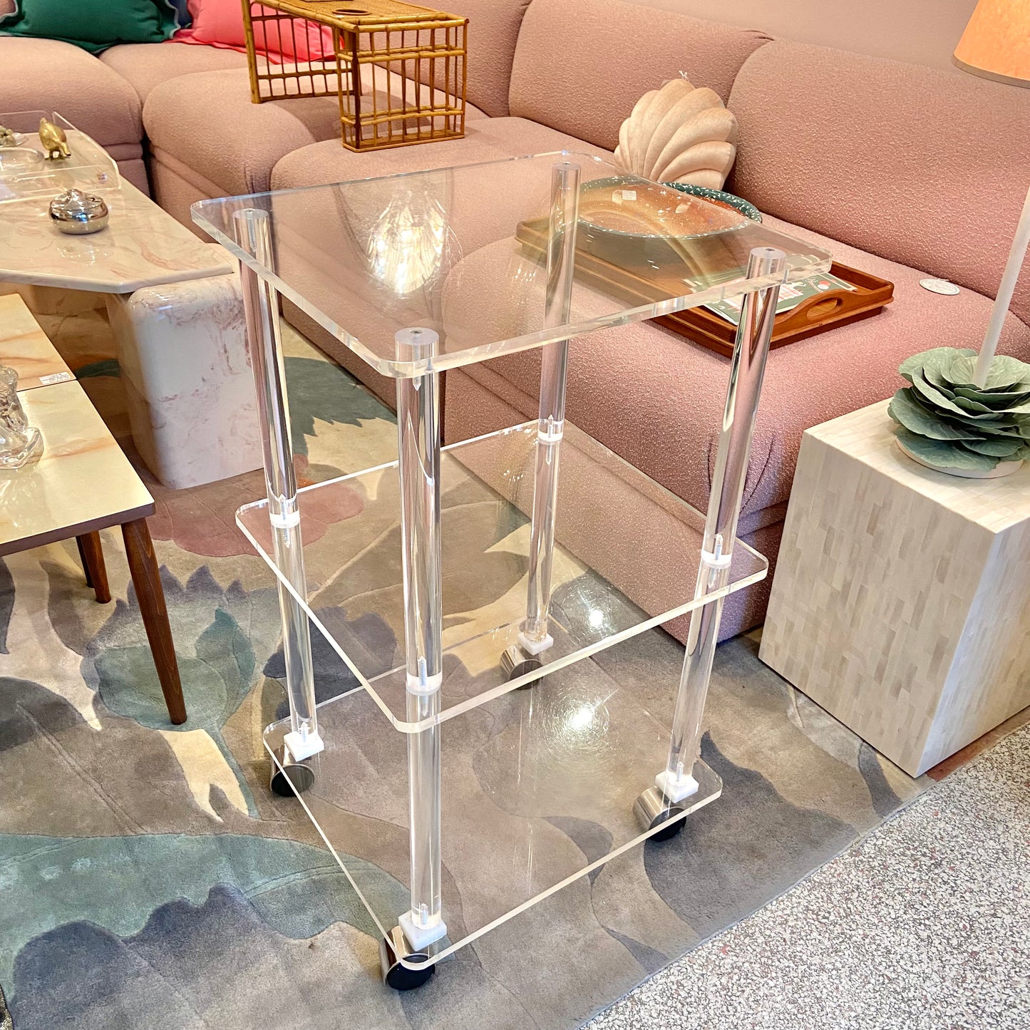 Vintage 3 Tier Lucite Rolling Shelf
