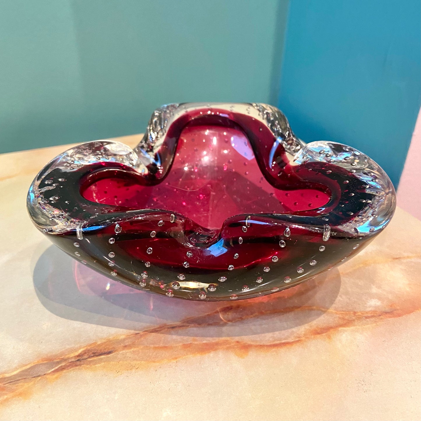 Vintage Garnet and Clear Bullicante Glass Ashtray