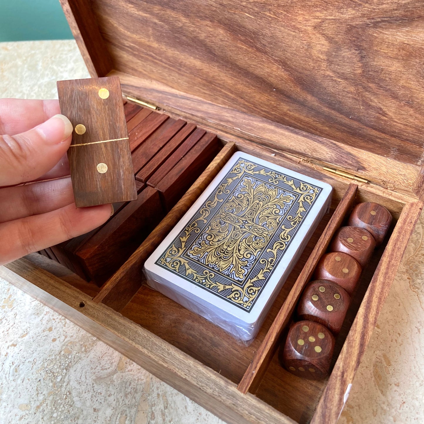 Wood and Brass Game box with Cards, Dice & Dominos