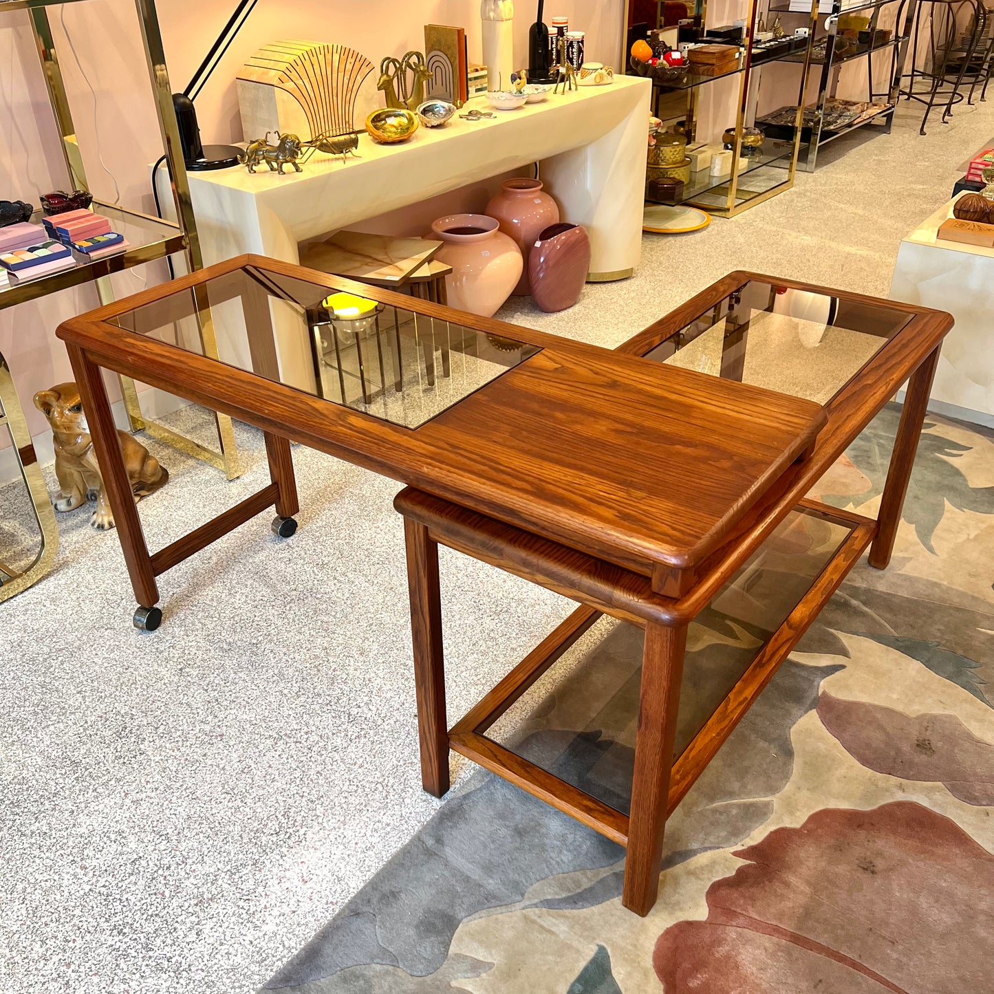 Vintage Lou Hodges Style Oak and Smoked Glass Swiveling Console/Desk