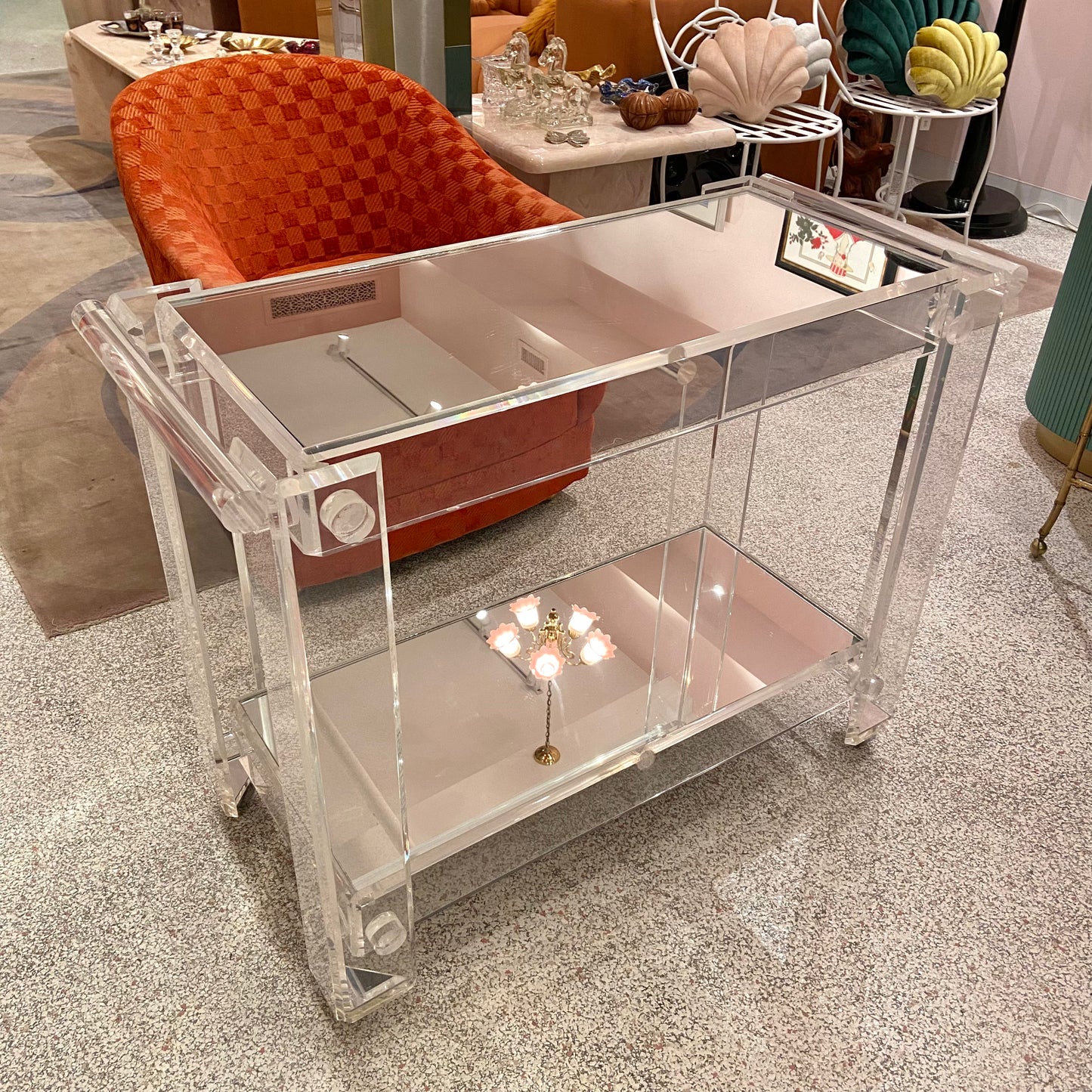 Charles Hollis Jones Style 1980’s Lucite and Mirror 2 Tier Rolling Bar Cart