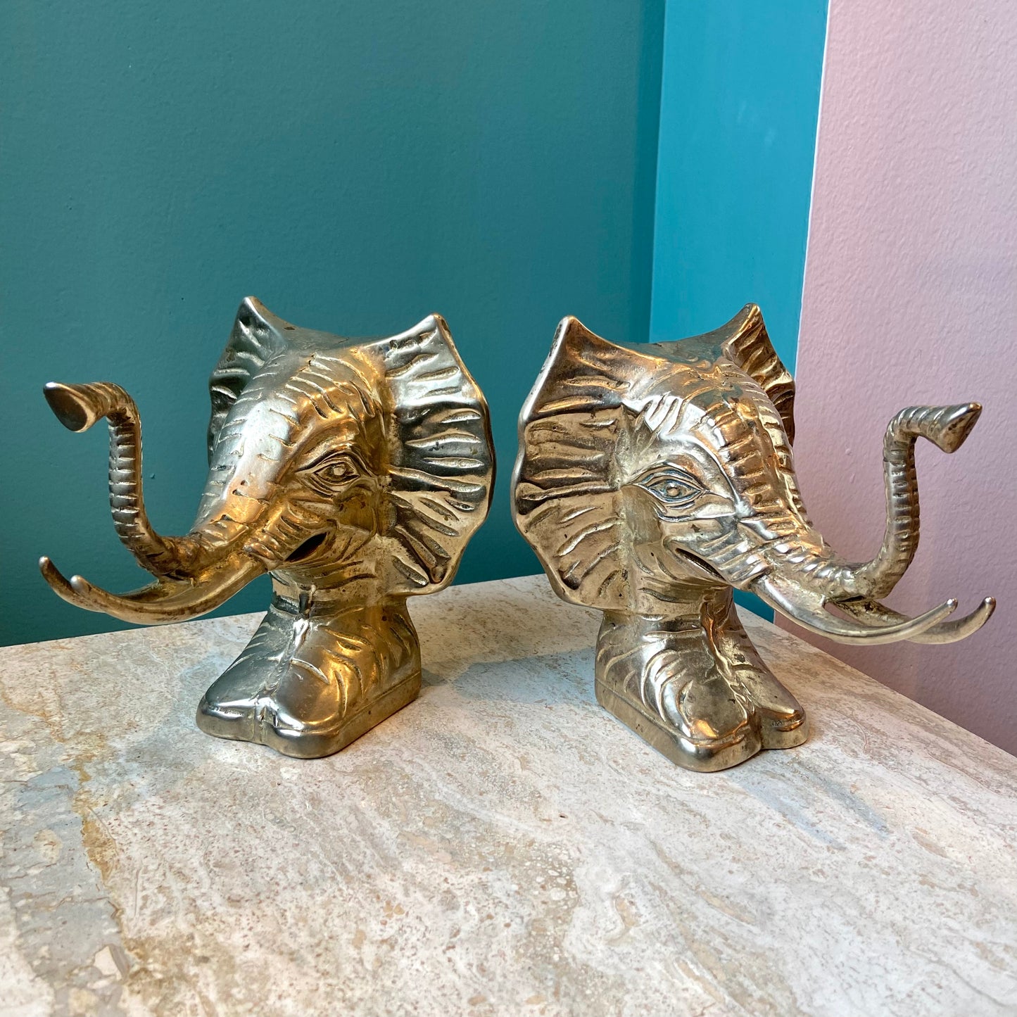 Pair of Solid Brass Elephant Head Bookends
