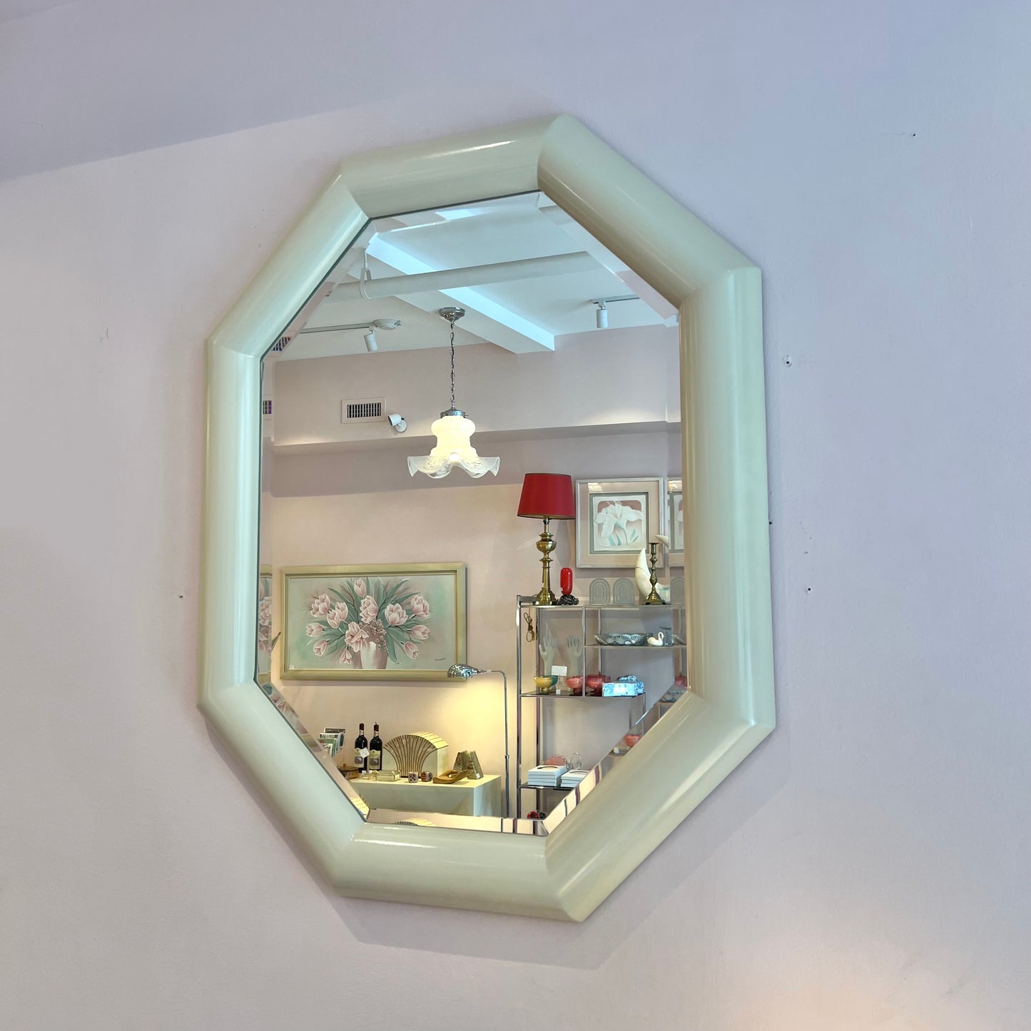 Vintage Octagonal Cream Lacquer Bullnose Mirror