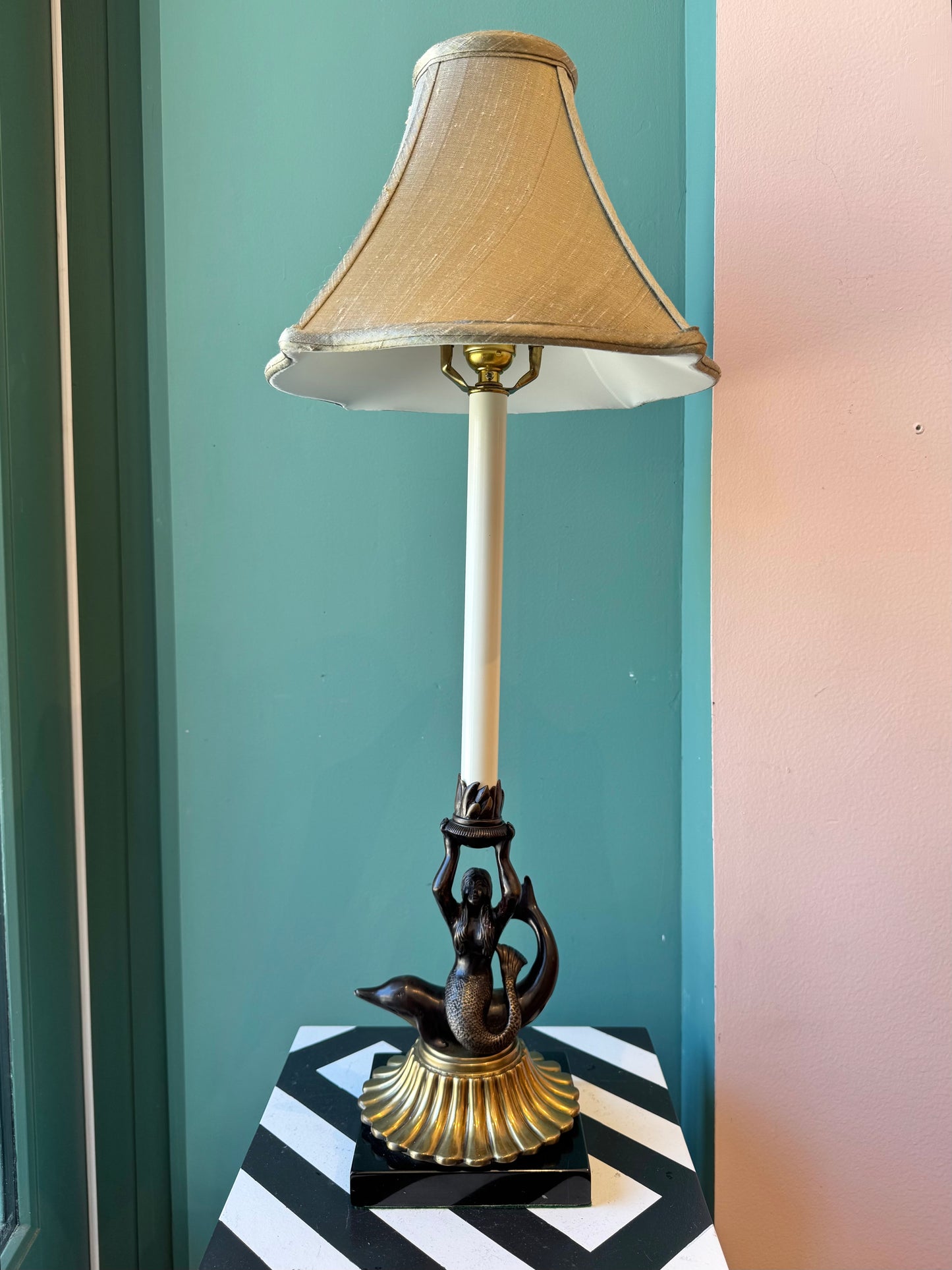 Vintage Mermaid and Dolphin Brass and Bronze Table Lamp with Shade