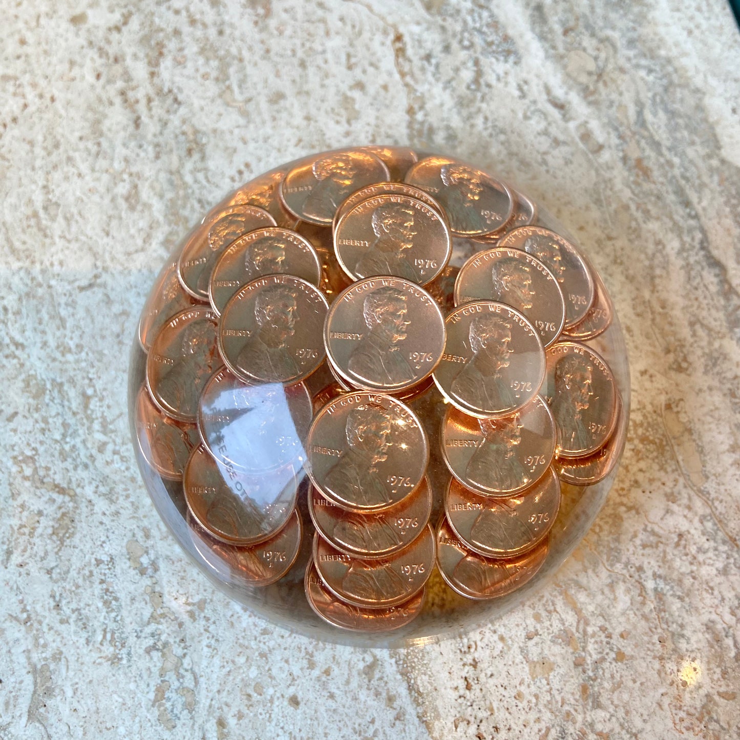 Vintage Lucite 1976 Penny Dome Paperweight