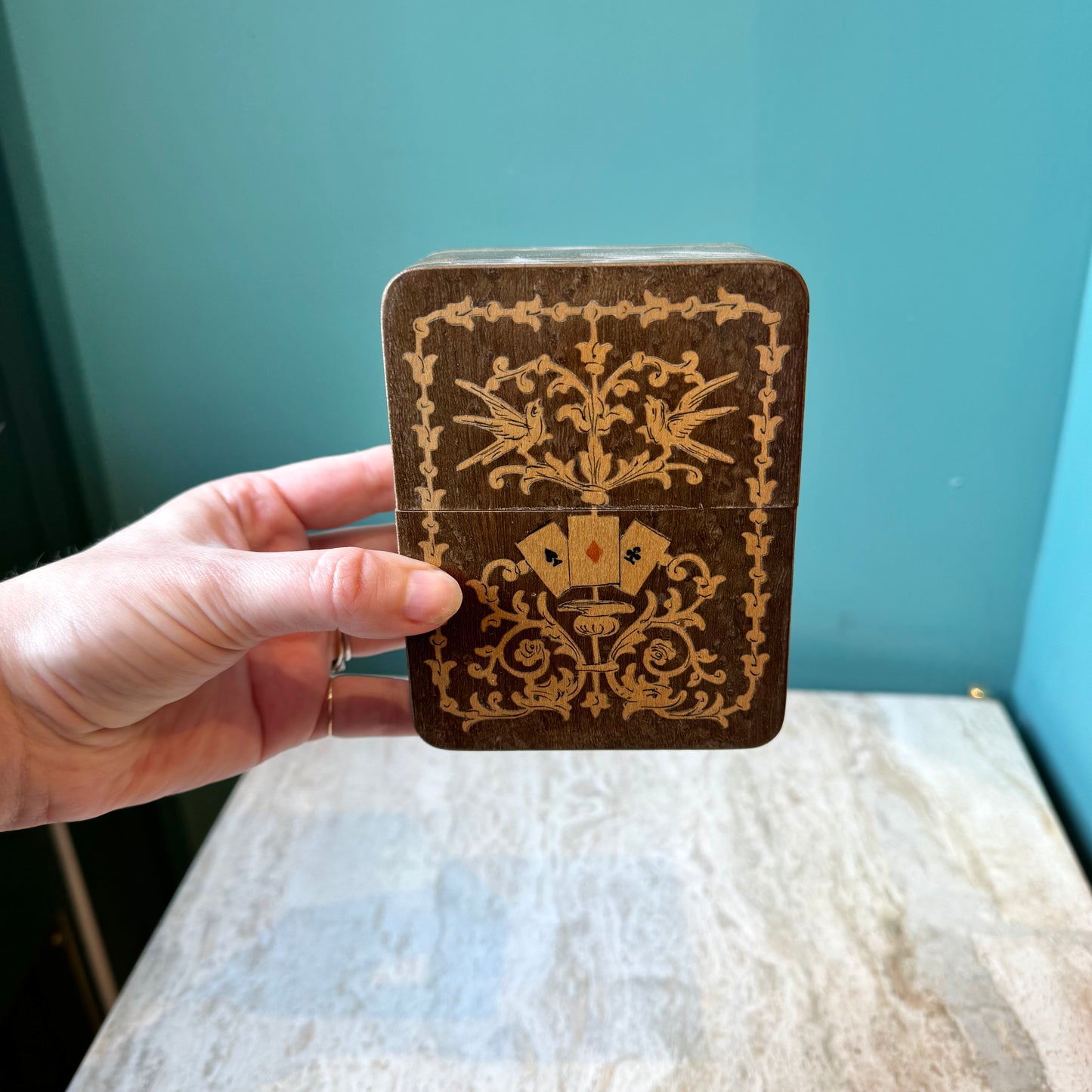 Antique Wooden Playing Card Box with Cards