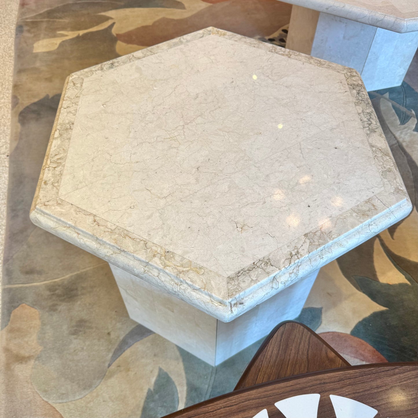 Vintage Hexagonal Tessellated White Marble Side Table