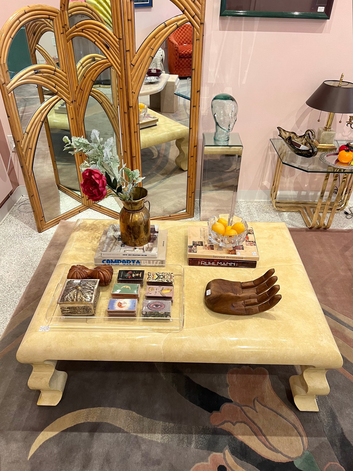 Vintage Faux Goatskin Lacquer Wavy Leg Coffee Table