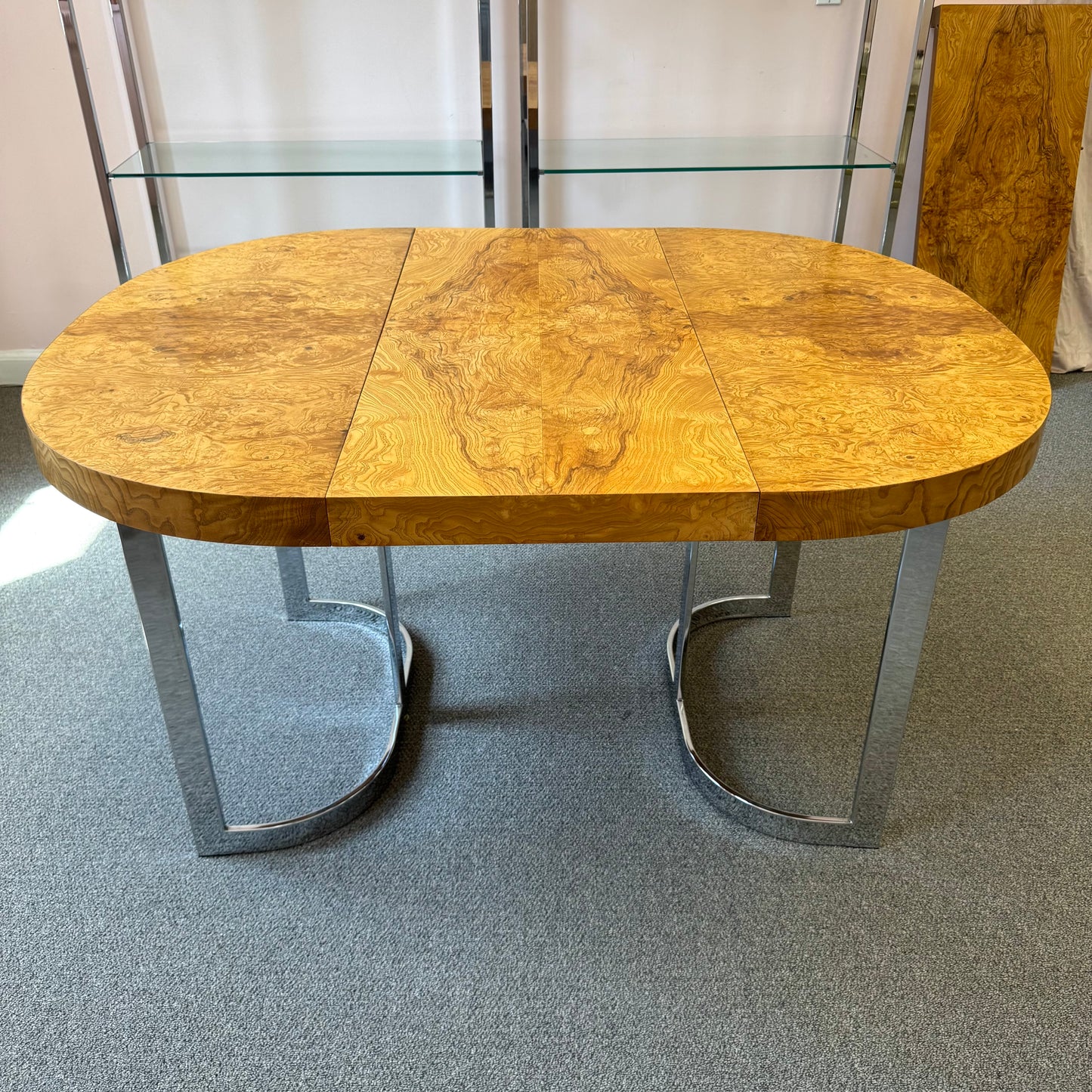 Vintage Milo Baughman Style Extendable Oval Burl and Chrome Dining Table