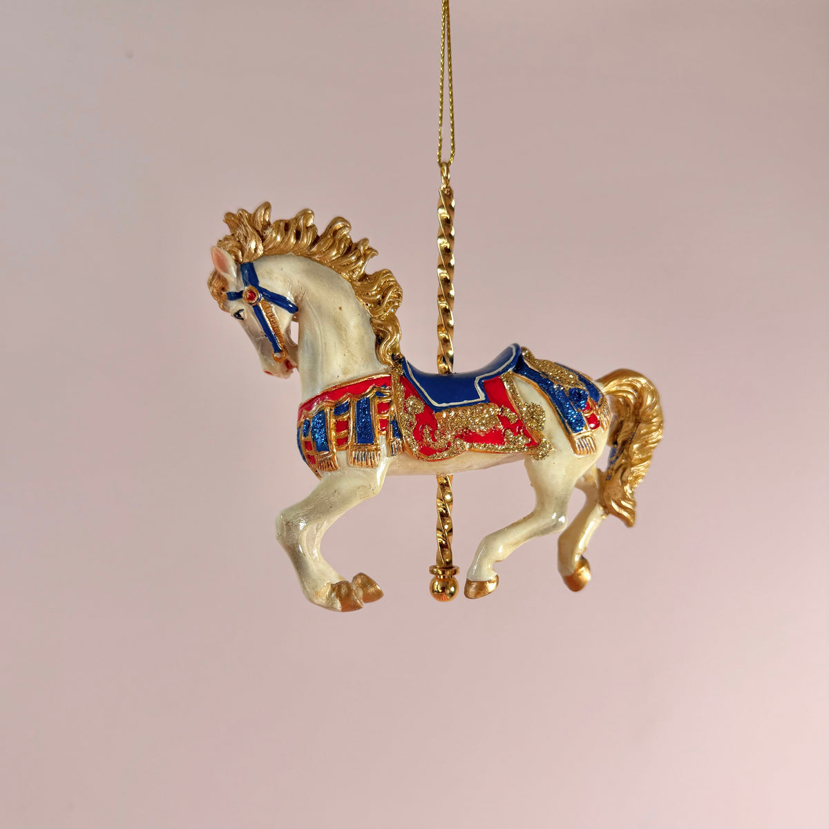 Resin White, Blue and Red Carousel Horse Ornament