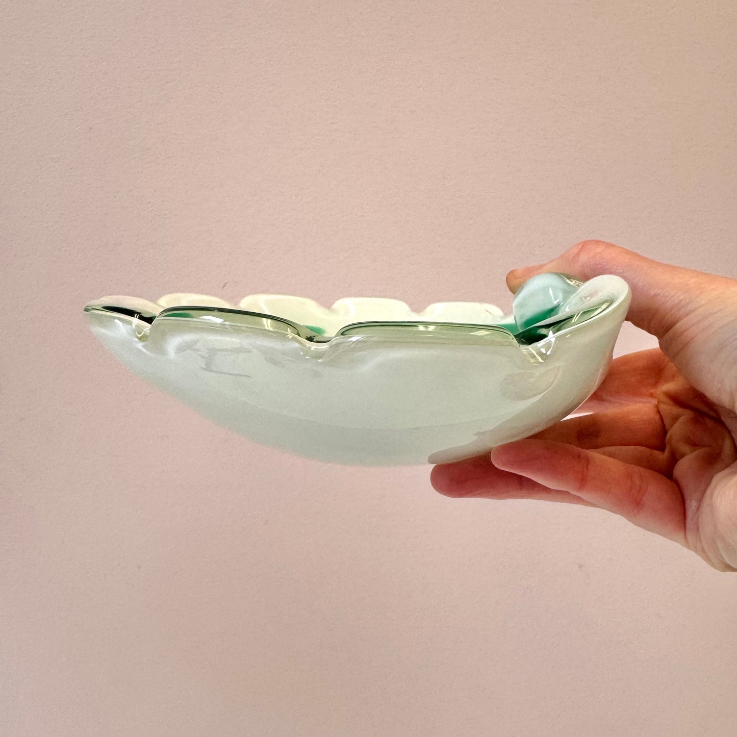 Vintage White and Green Murano Glass Scallop Edged Bowl