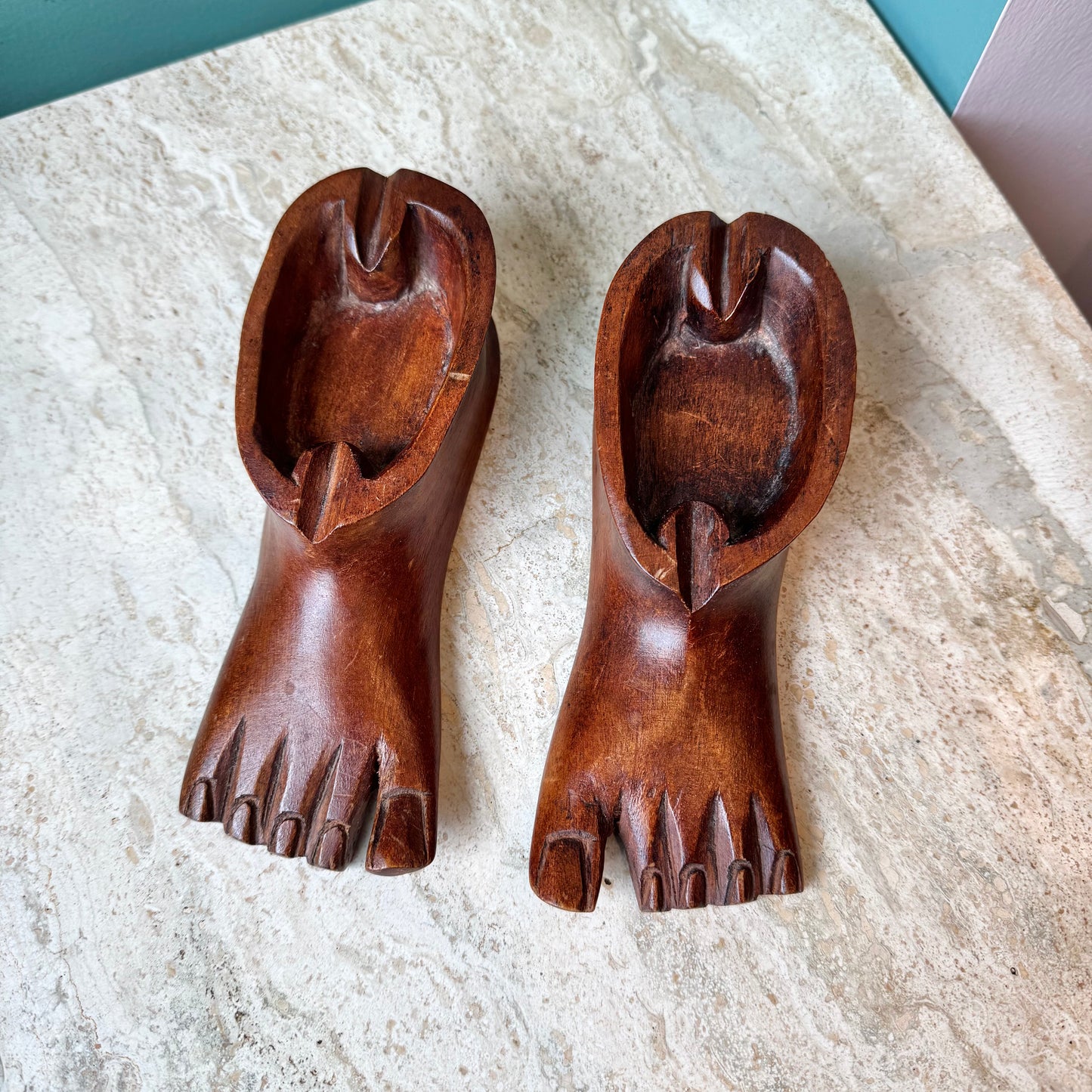 Pair of 1970’s Hand Carved Wooden Feet Ashtrays