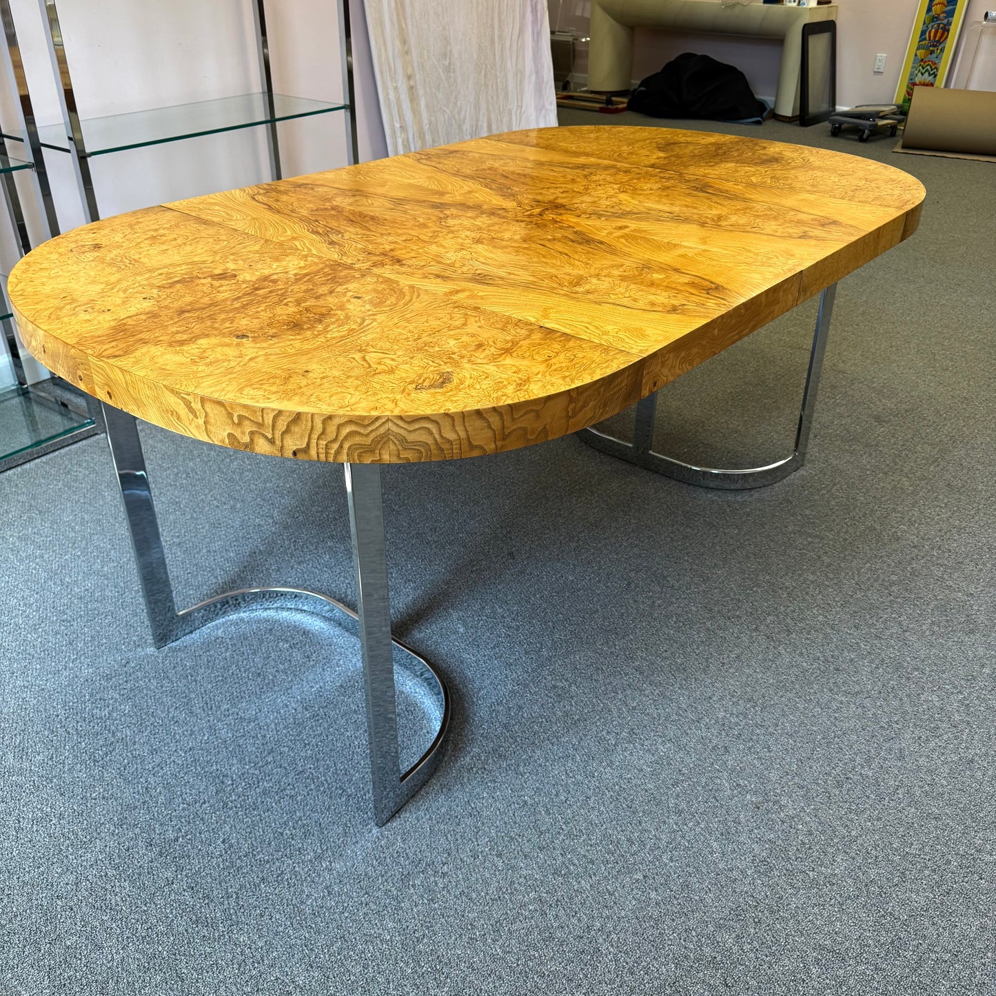 Vintage Milo Baughman Style Extendable Oval Burl and Chrome Dining Table