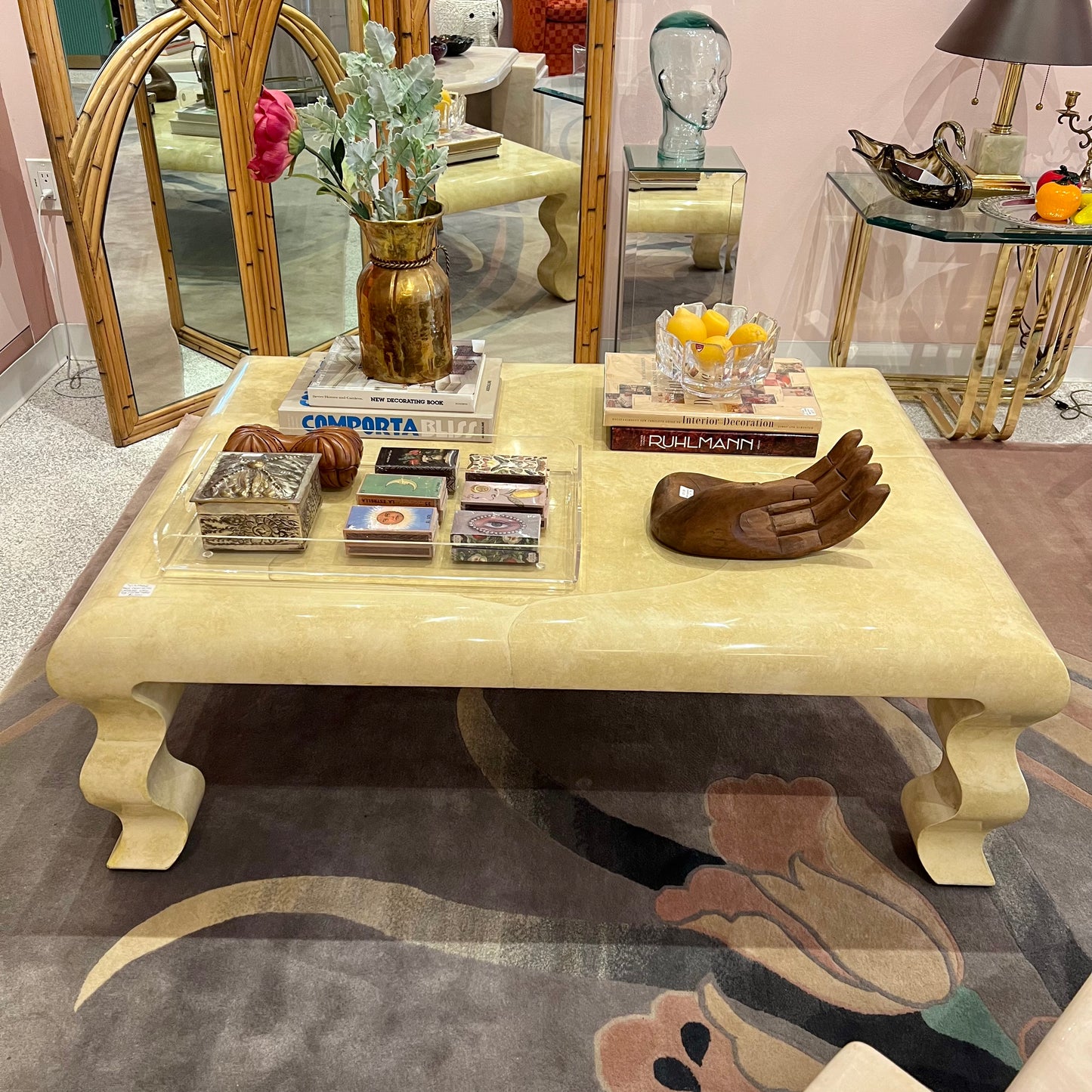 Vintage Faux Goatskin Lacquer Wavy Leg Coffee Table