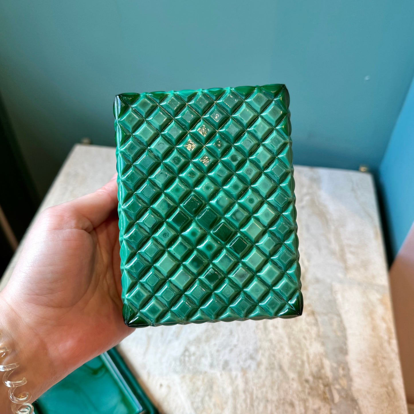 Vintage Art Deco Malachite Glass Trinket Box