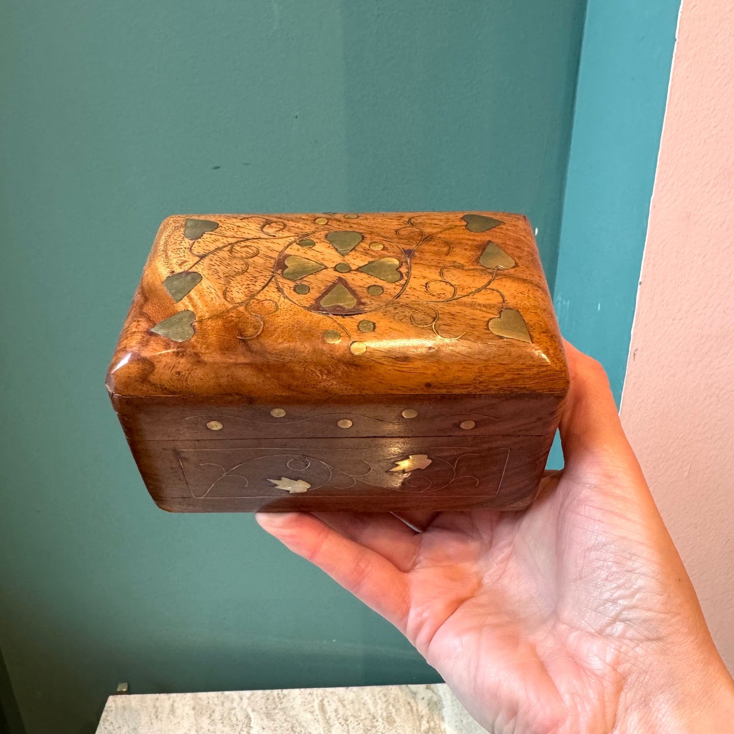 Vintage Wooden Playing Card Box with Brass Heart Inlay and Cards