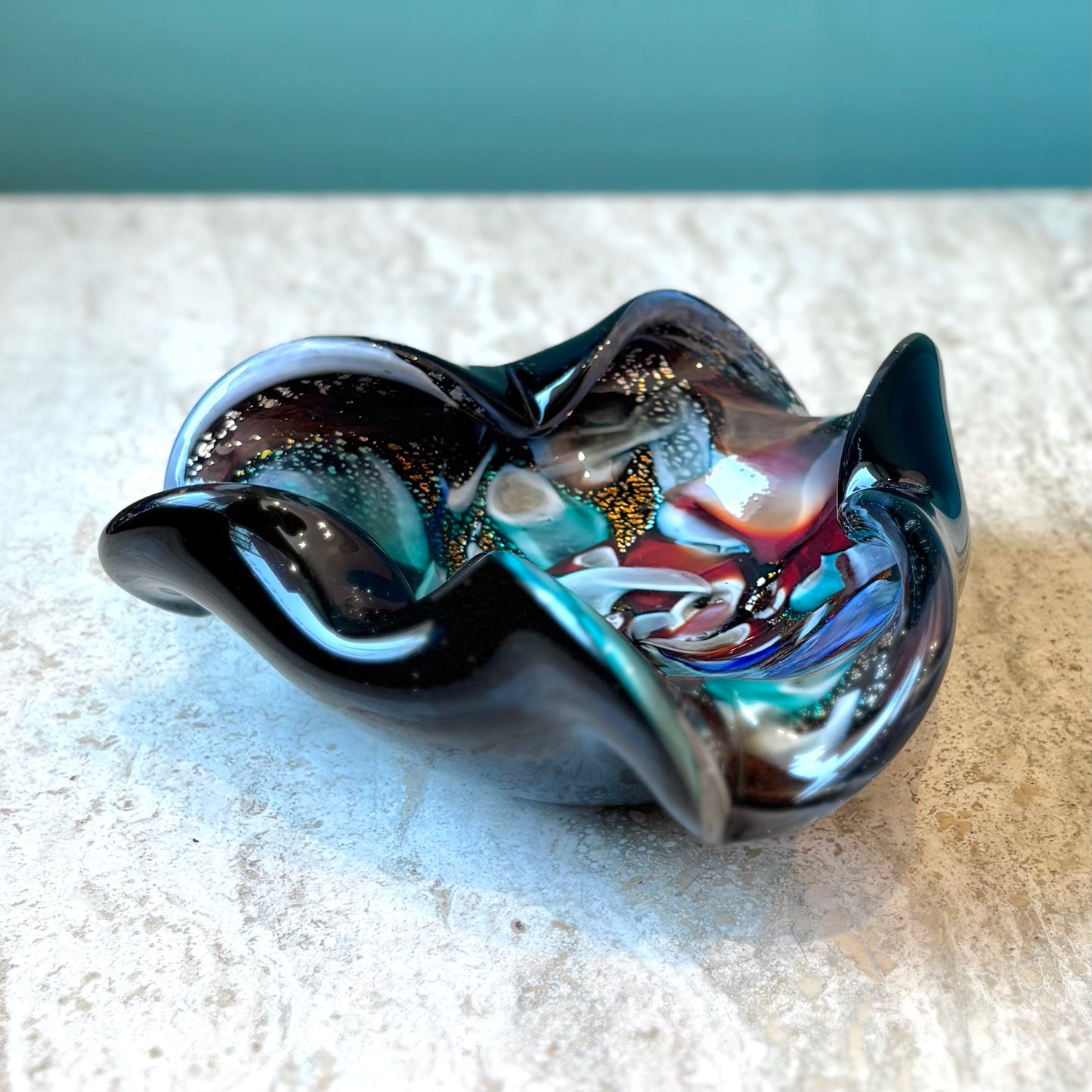 Vintage Black and Silver Leaf Millefiori Murano Glass Bowl