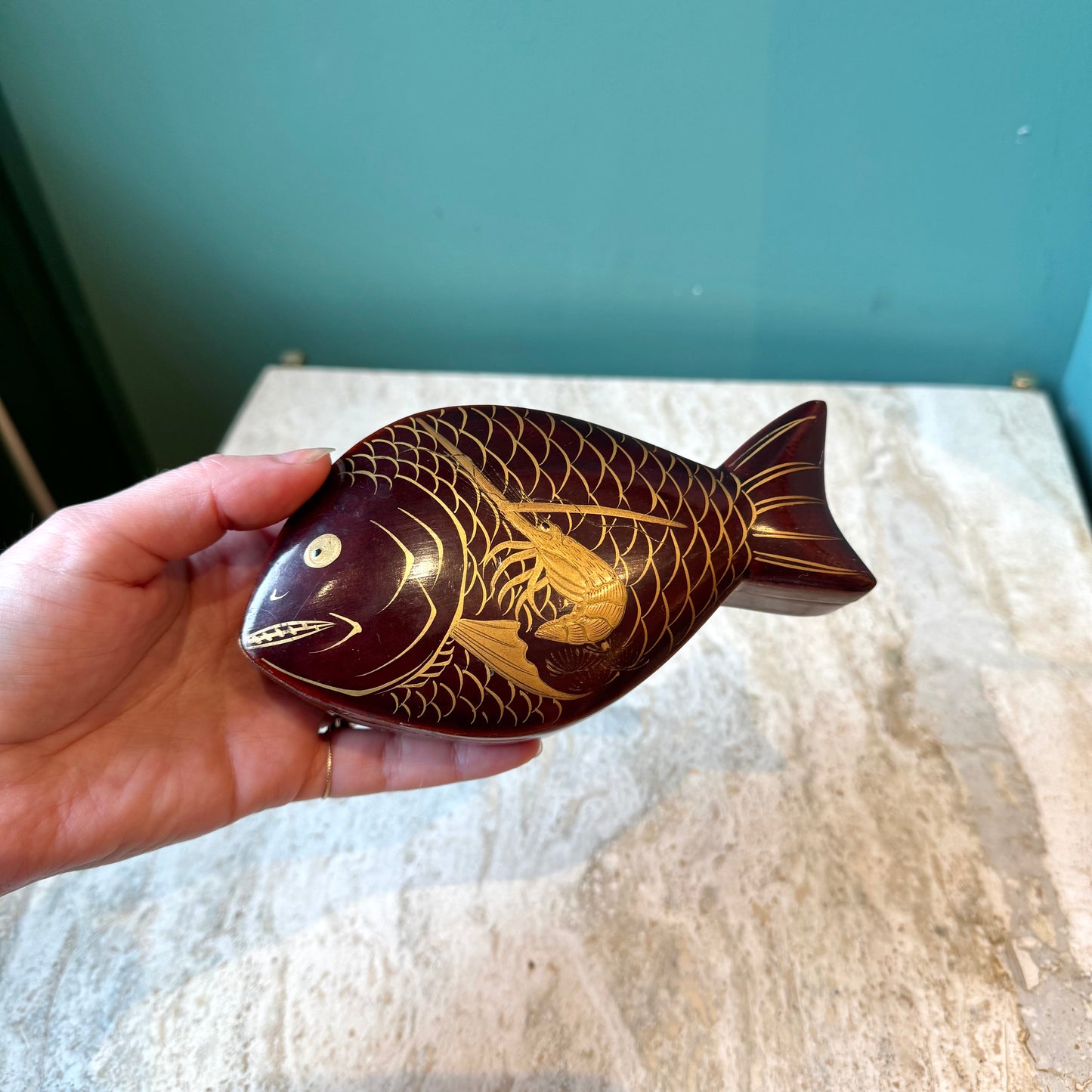 Vintage Brown Lacquered Fish Trinket Box