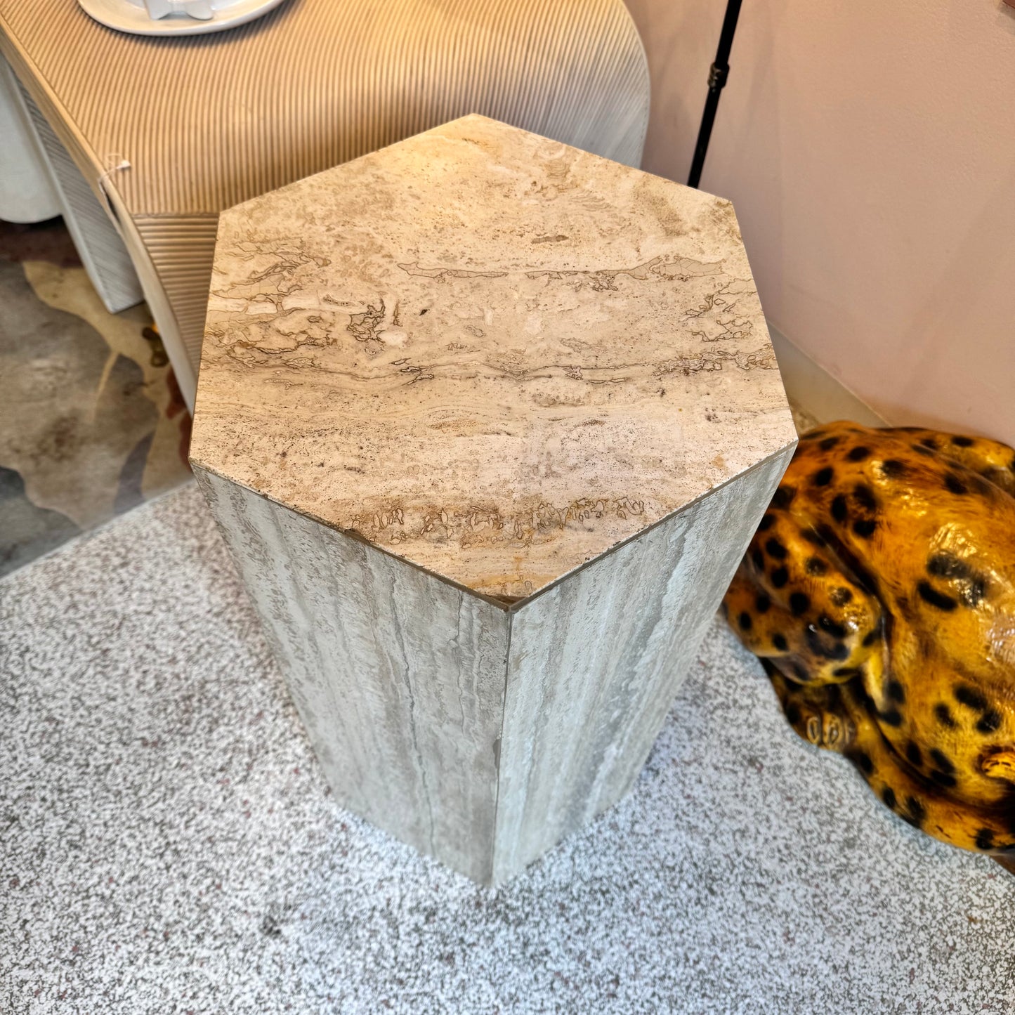 Vintage Hexagonal Travertine Pedestal