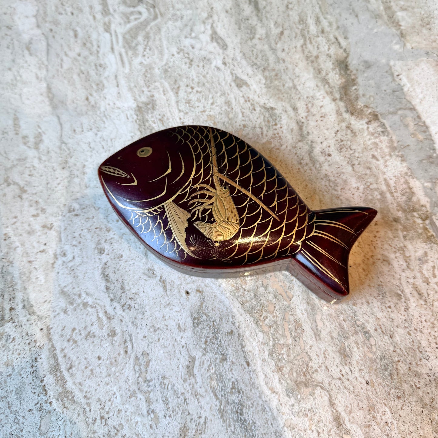Vintage Brown Lacquered Fish Trinket Box