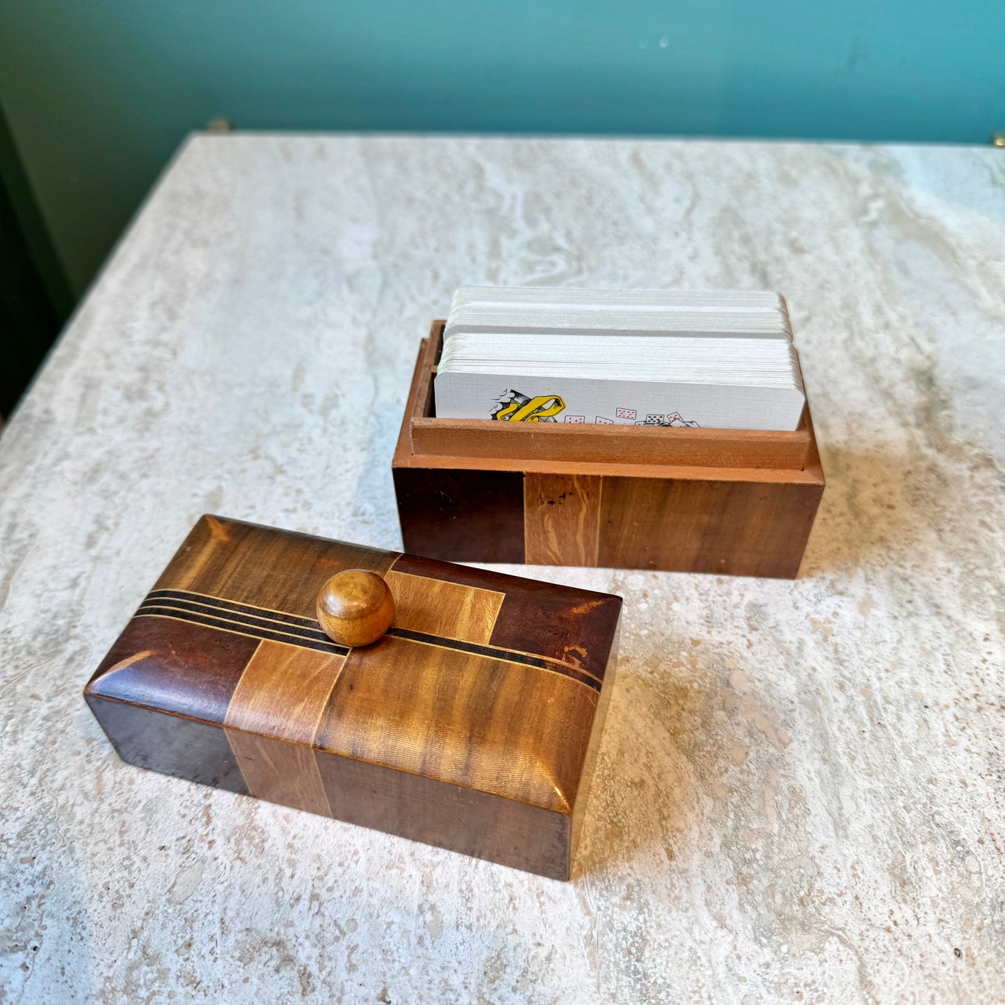 Vintage Wood Inlay Playing Card Box