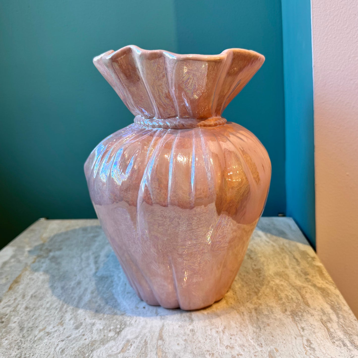 Vintage Opalescent Pink Ceramic "Paper Bag" Vase