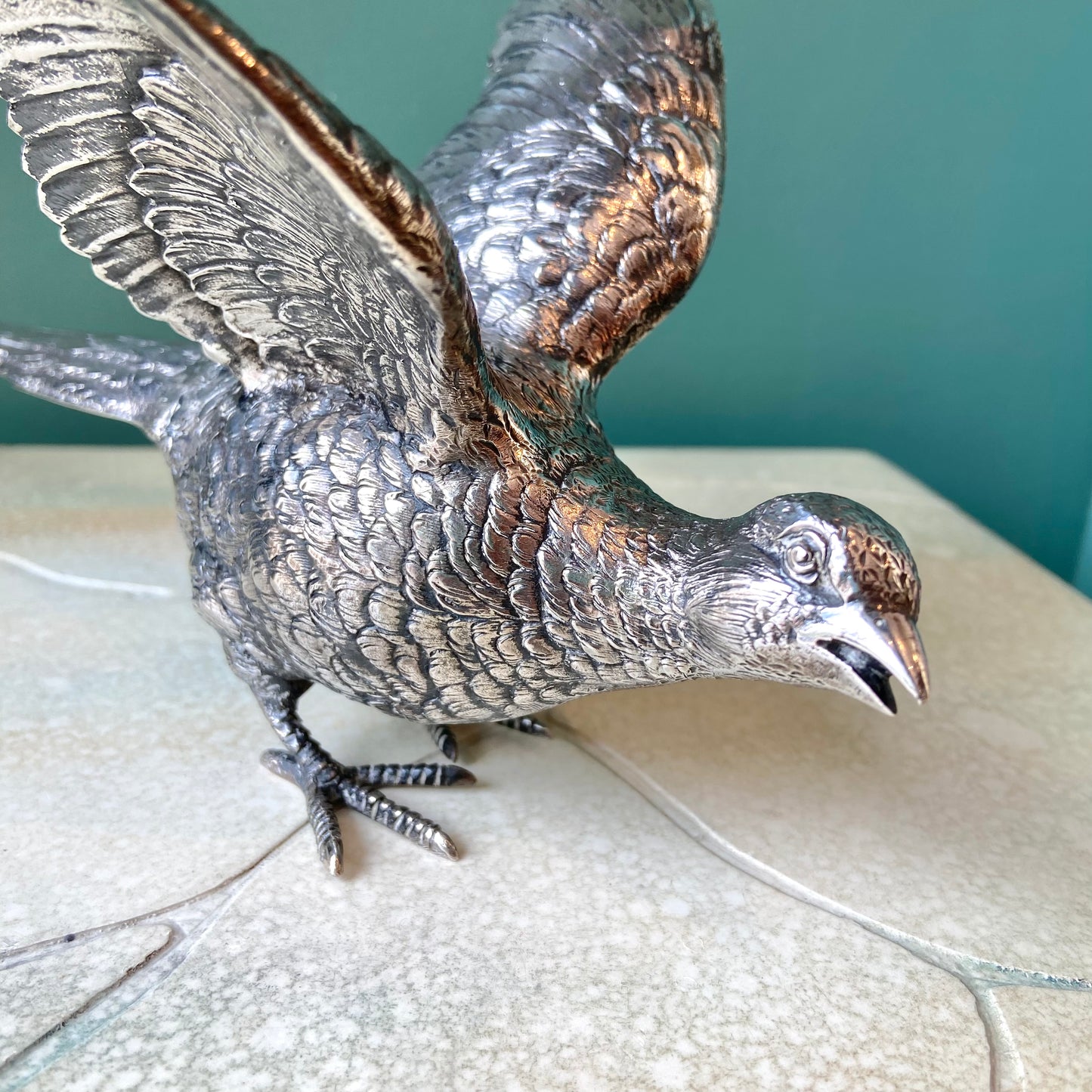 Pair of Antique Silver Plated Pheasant Bird Statues
