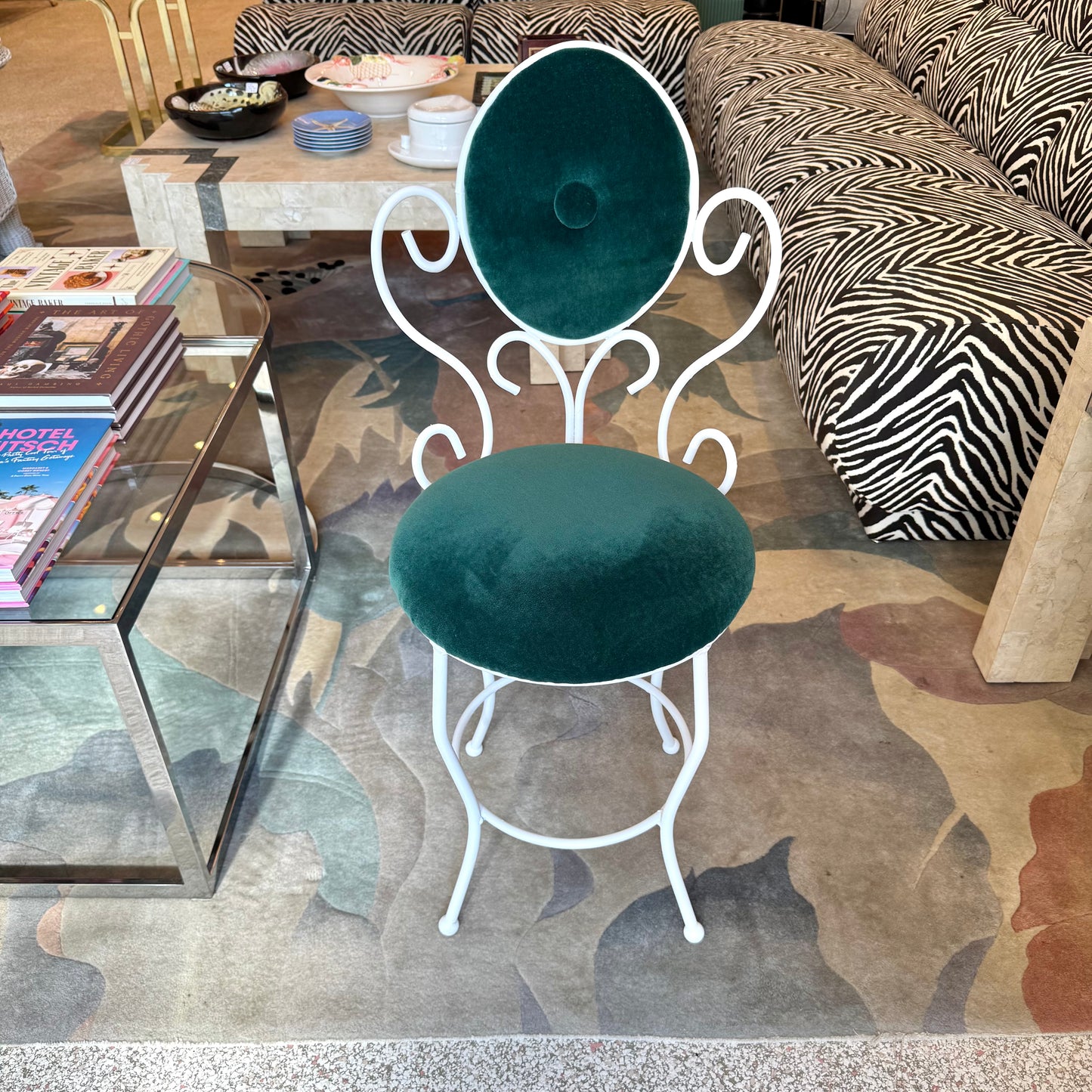 Vintage Small White Iron and Green Velvet Vanity Chair