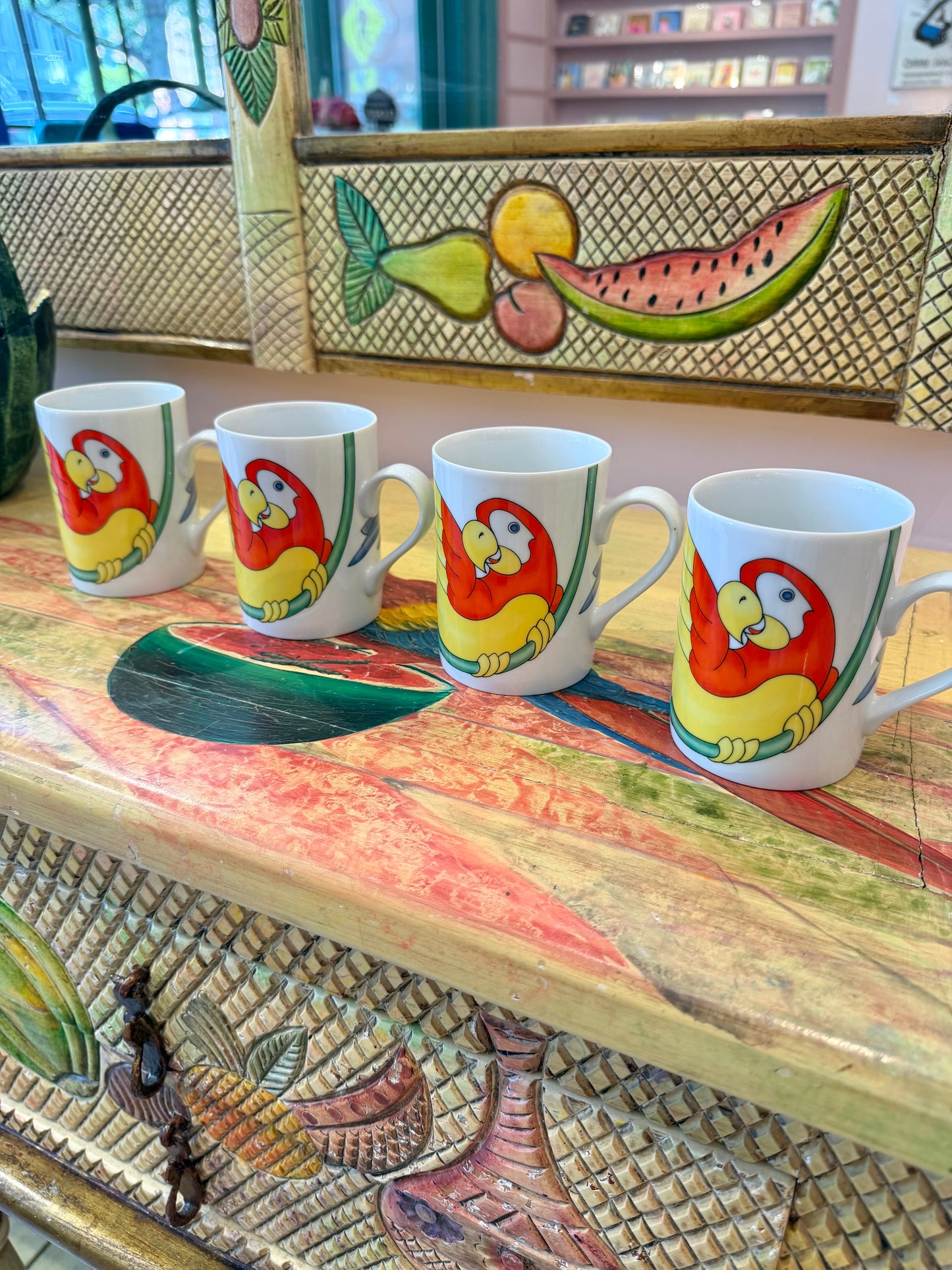 Vintage 1979 Fitz & Floyd "Parrot-in-Ring" Ceramic Coffee Mugs - Set of 4