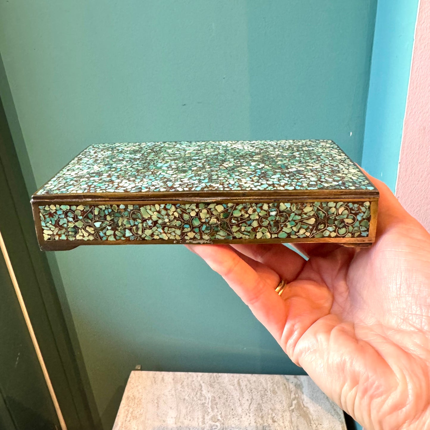 Antique Brass Box with Mosaic Turquoise Stone Design