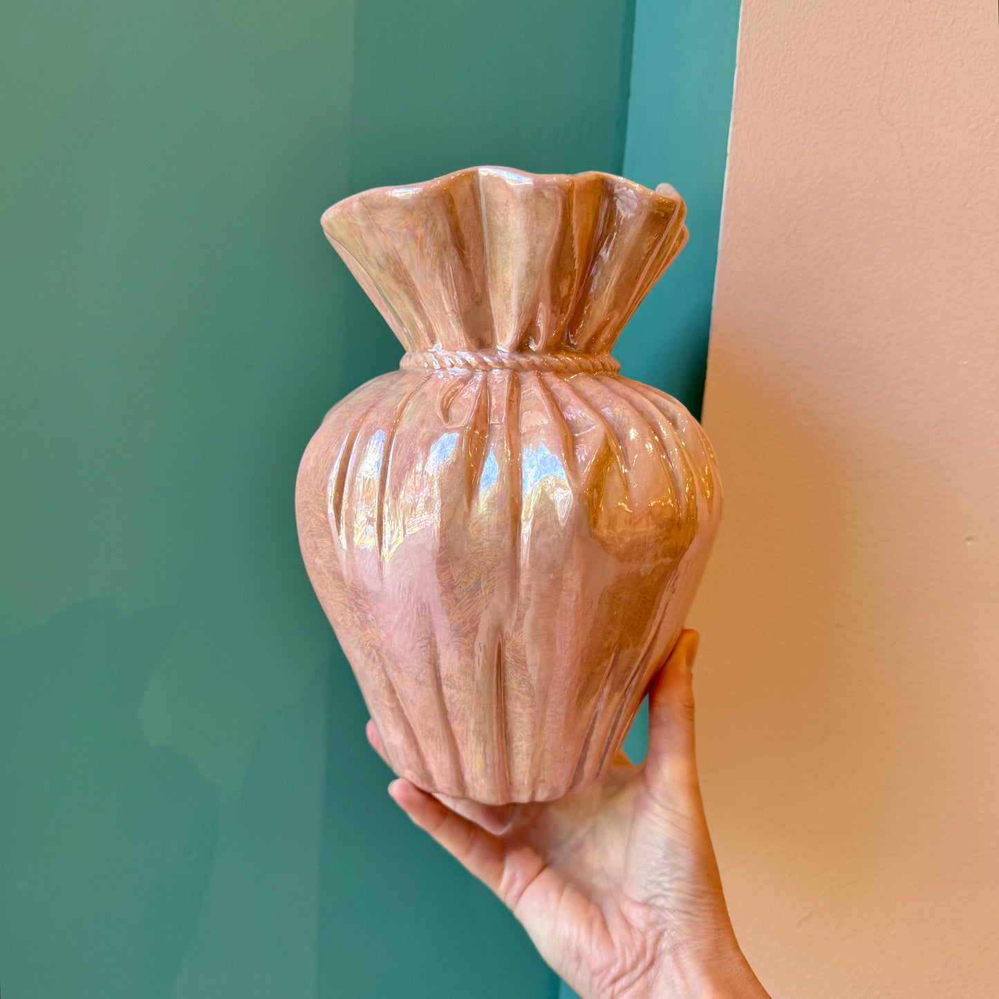 Vintage Opalescent Pink Ceramic "Paper Bag" Vase