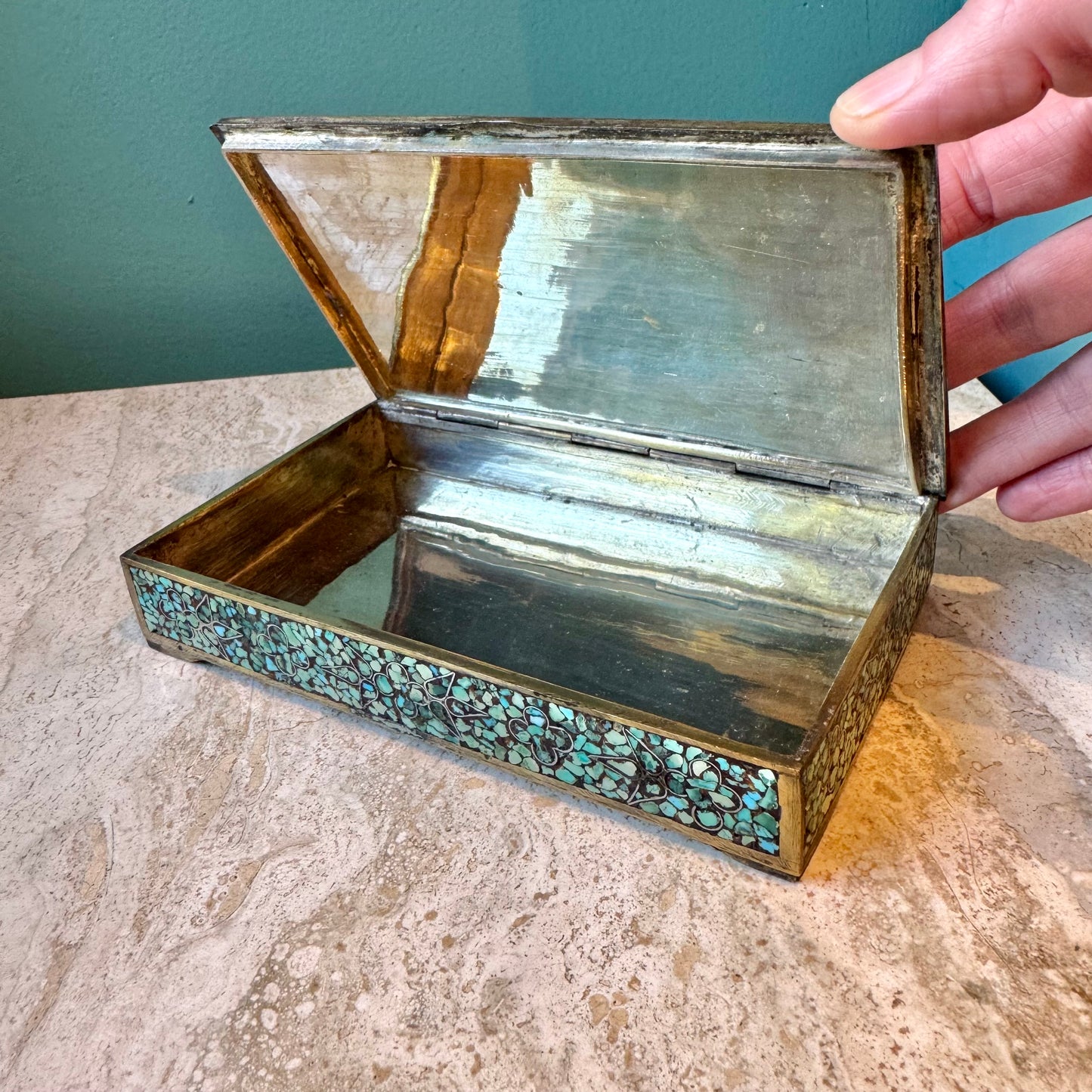Antique Brass Box with Mosaic Turquoise Stone Design