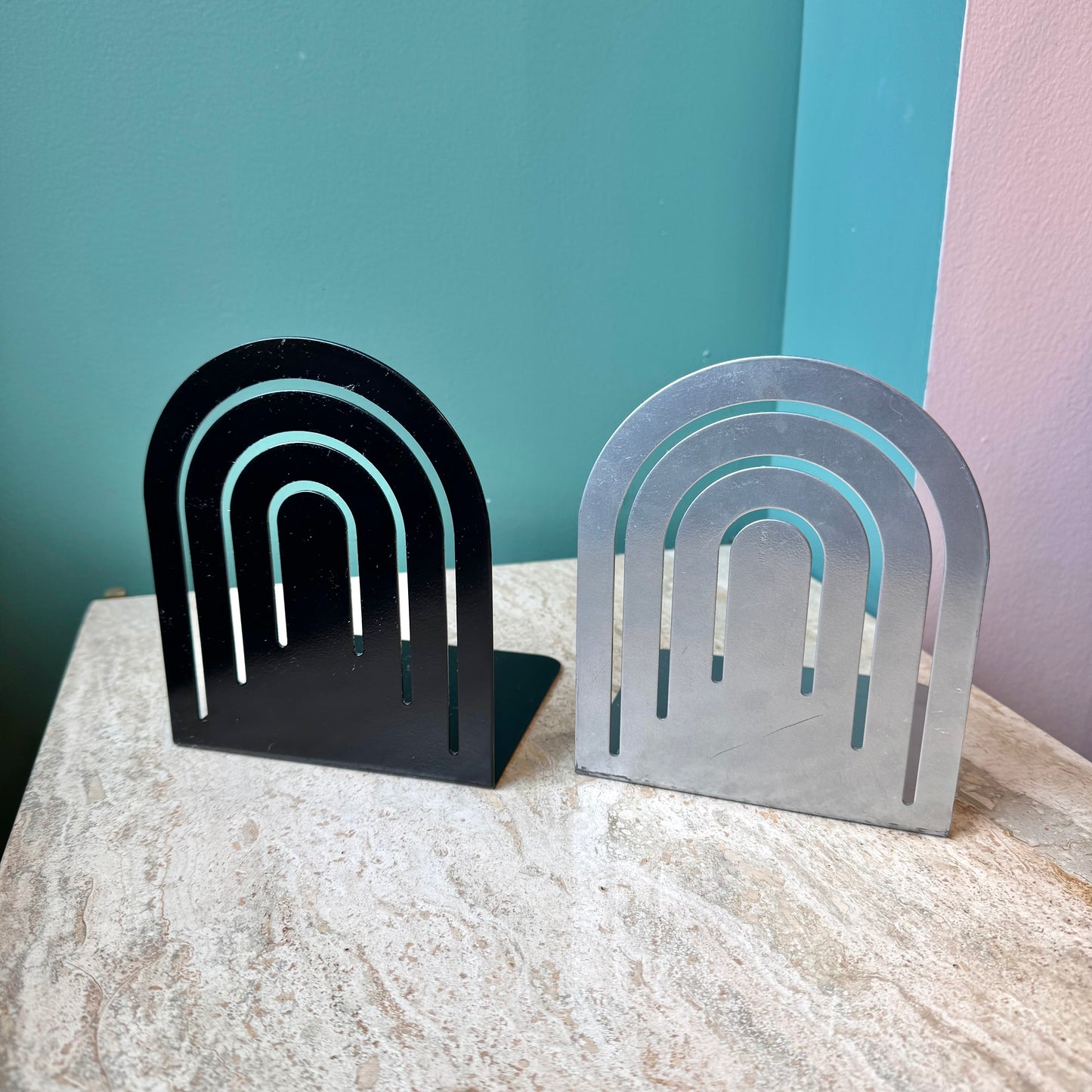 Pair of Vintage Silver and Black Spectrum Arch Metal Bookends