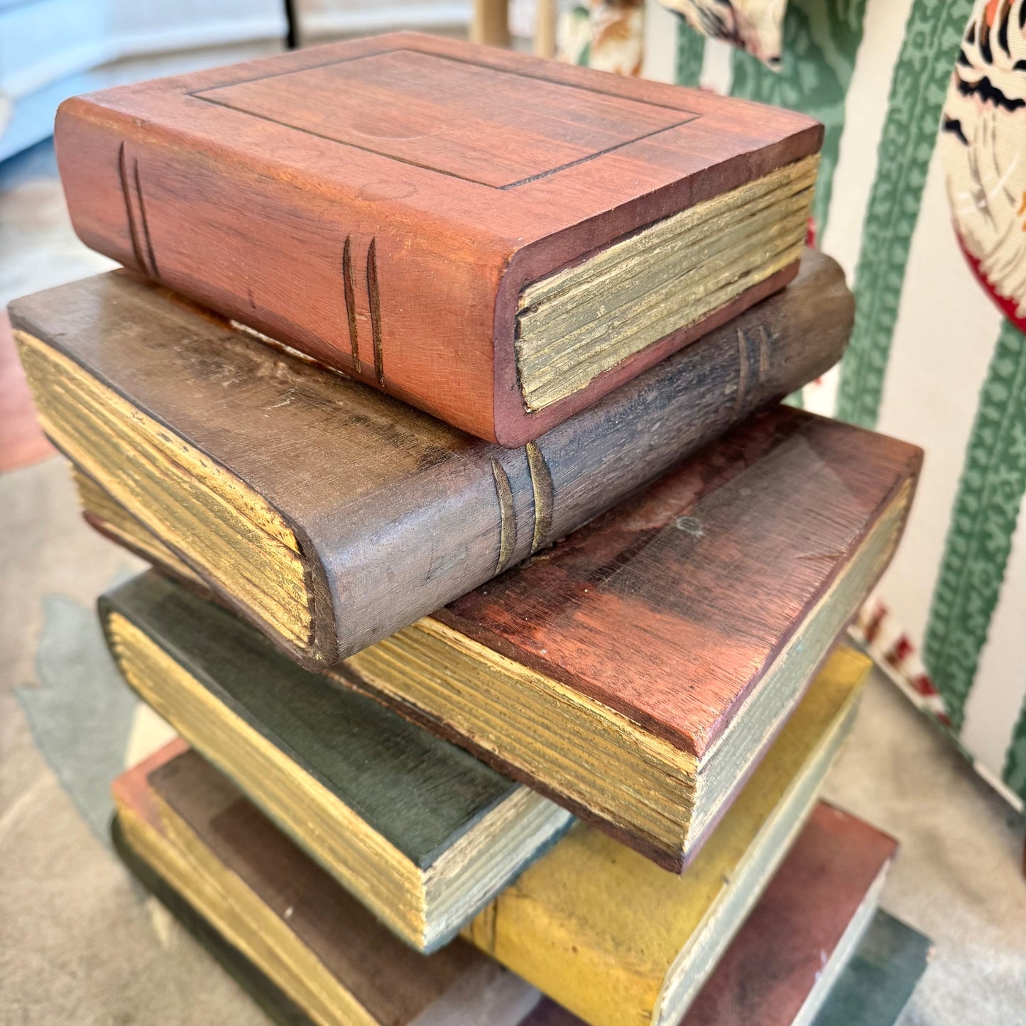 Vintage Maitland Smith Style Wooden Stacked Books Side Table