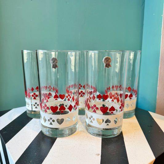Set of 5 Vintage Red and White Card Suit Highball Glasses