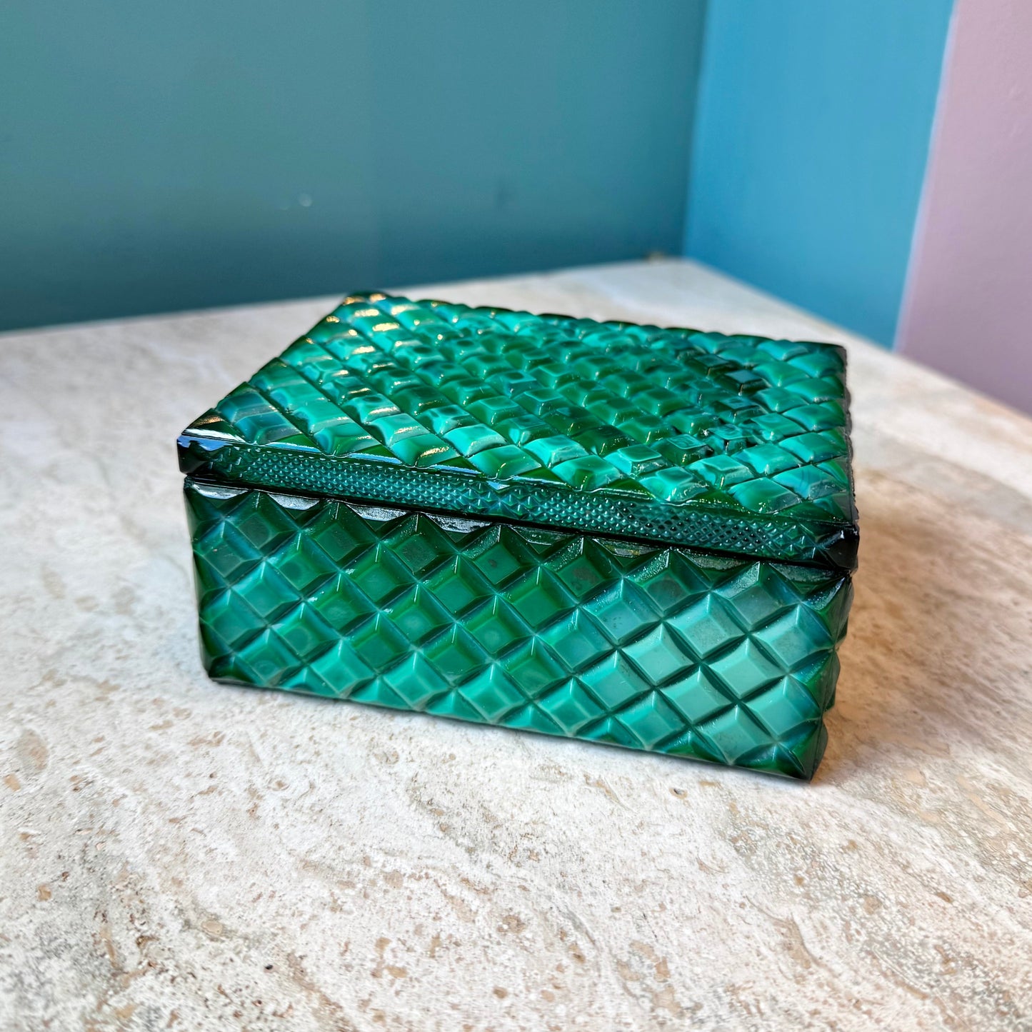 Vintage Art Deco Malachite Glass Trinket Box