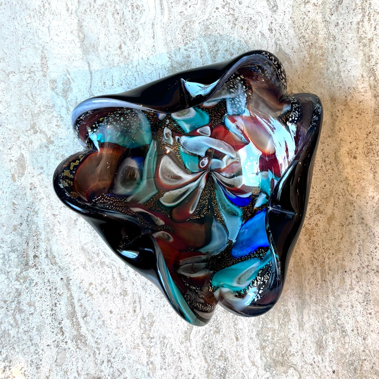 Vintage Black and Silver Leaf Millefiori Murano Glass Bowl