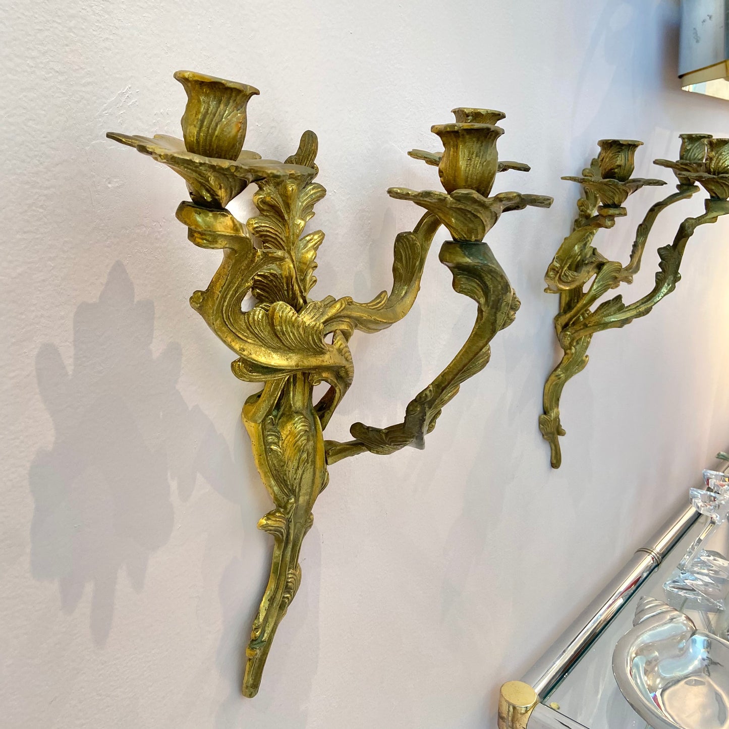 Pair of Antique Louis XV Rococo Style Brass 3 Arm Candle Sconces